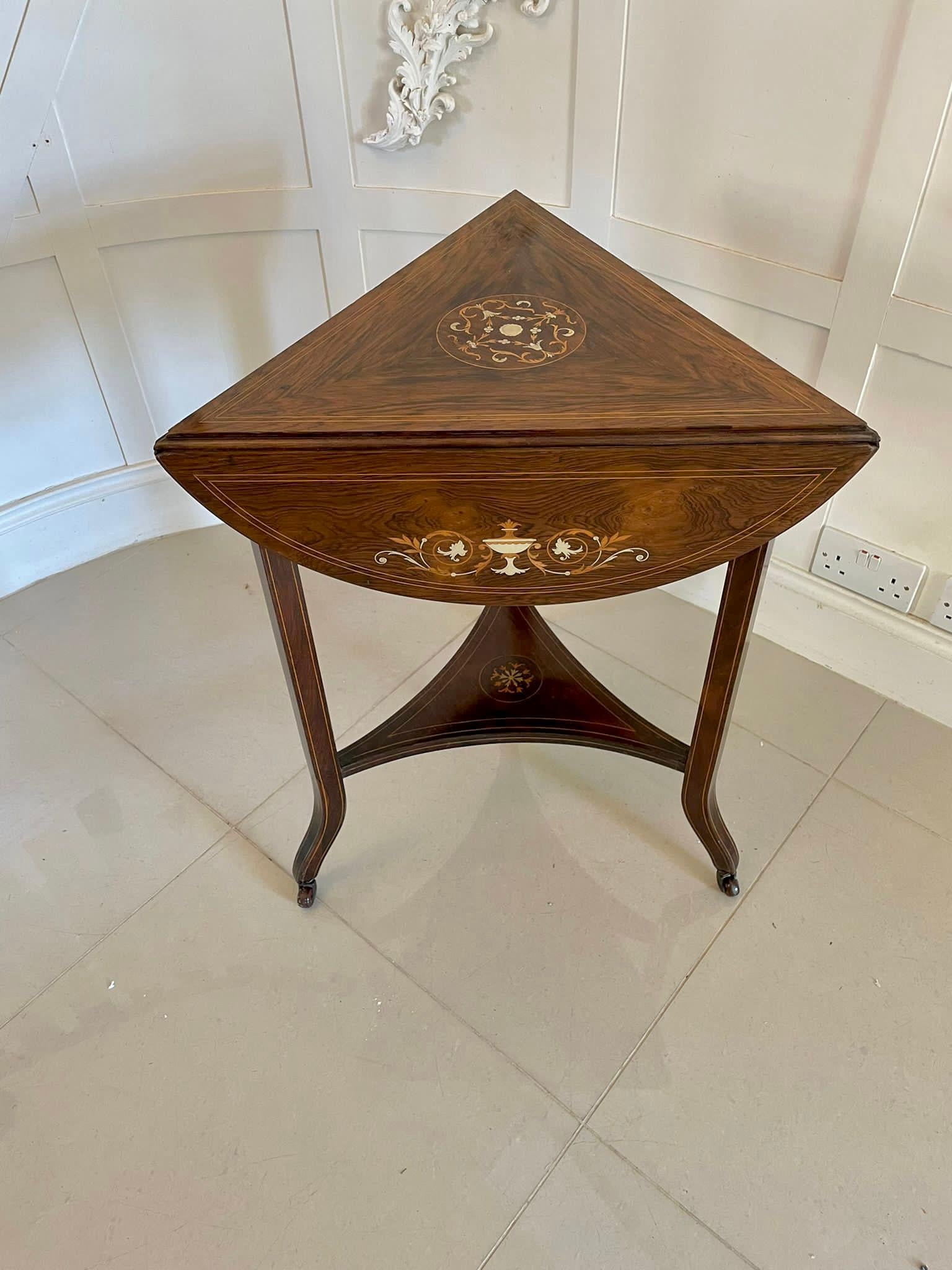 Unusual Antique Edwardian Quality Rosewood Inlaid Drop Leaf Centre Table For Sale 2