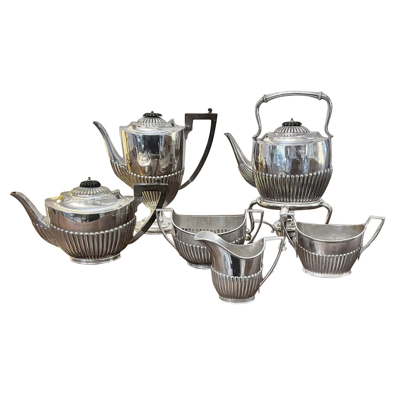 Ungewöhnliches antikes versilbertes 6teiliges Teeservice in edwardianischer Qualität