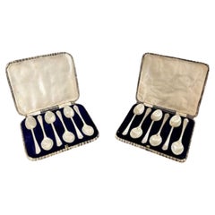 Unusual antique Edwardian silver tea spoon sets with golf club decoration