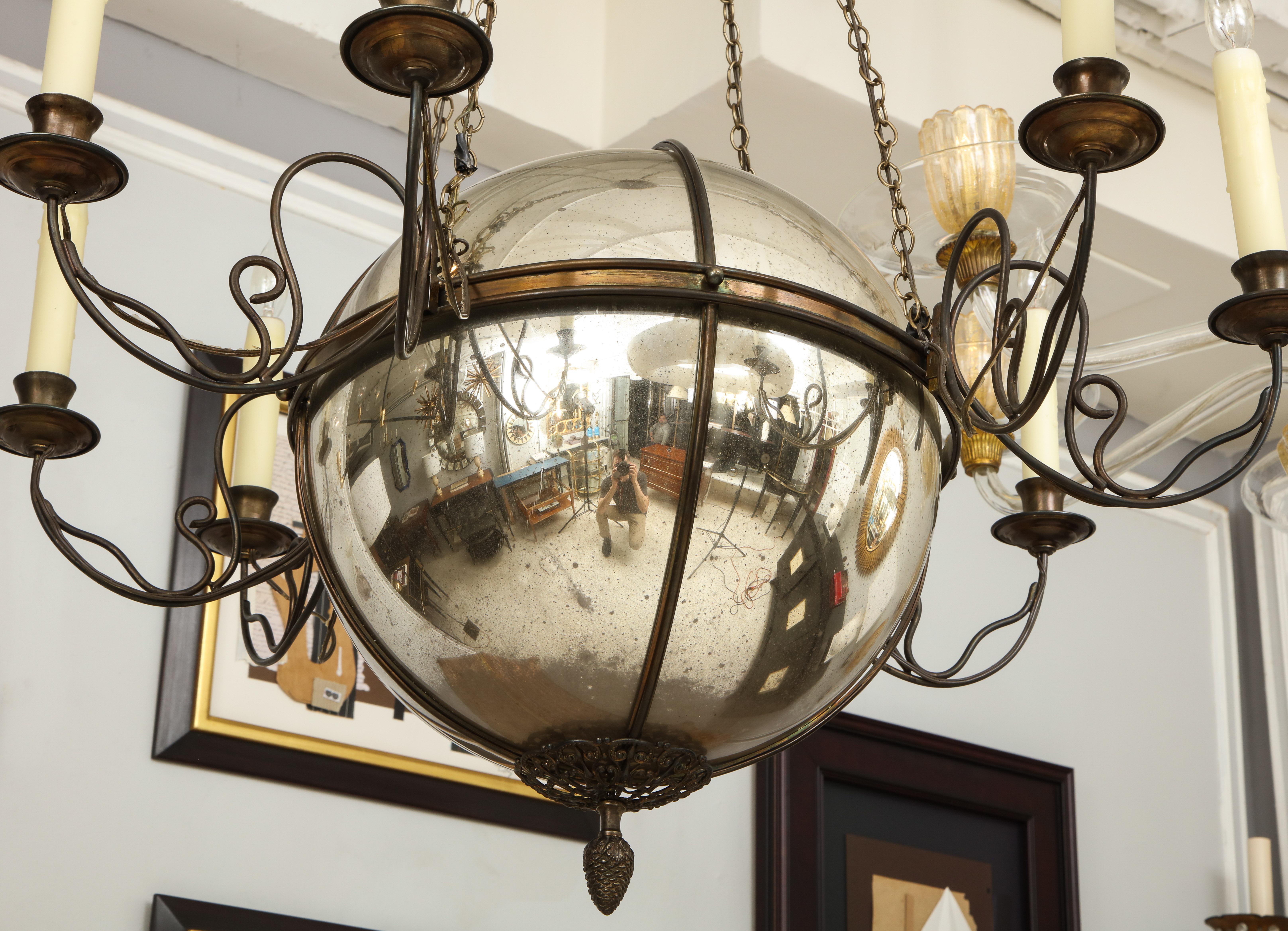 Unusual Antique Eight-Light Brass and Mercury Glass Chandelier In Good Condition In New York, NY