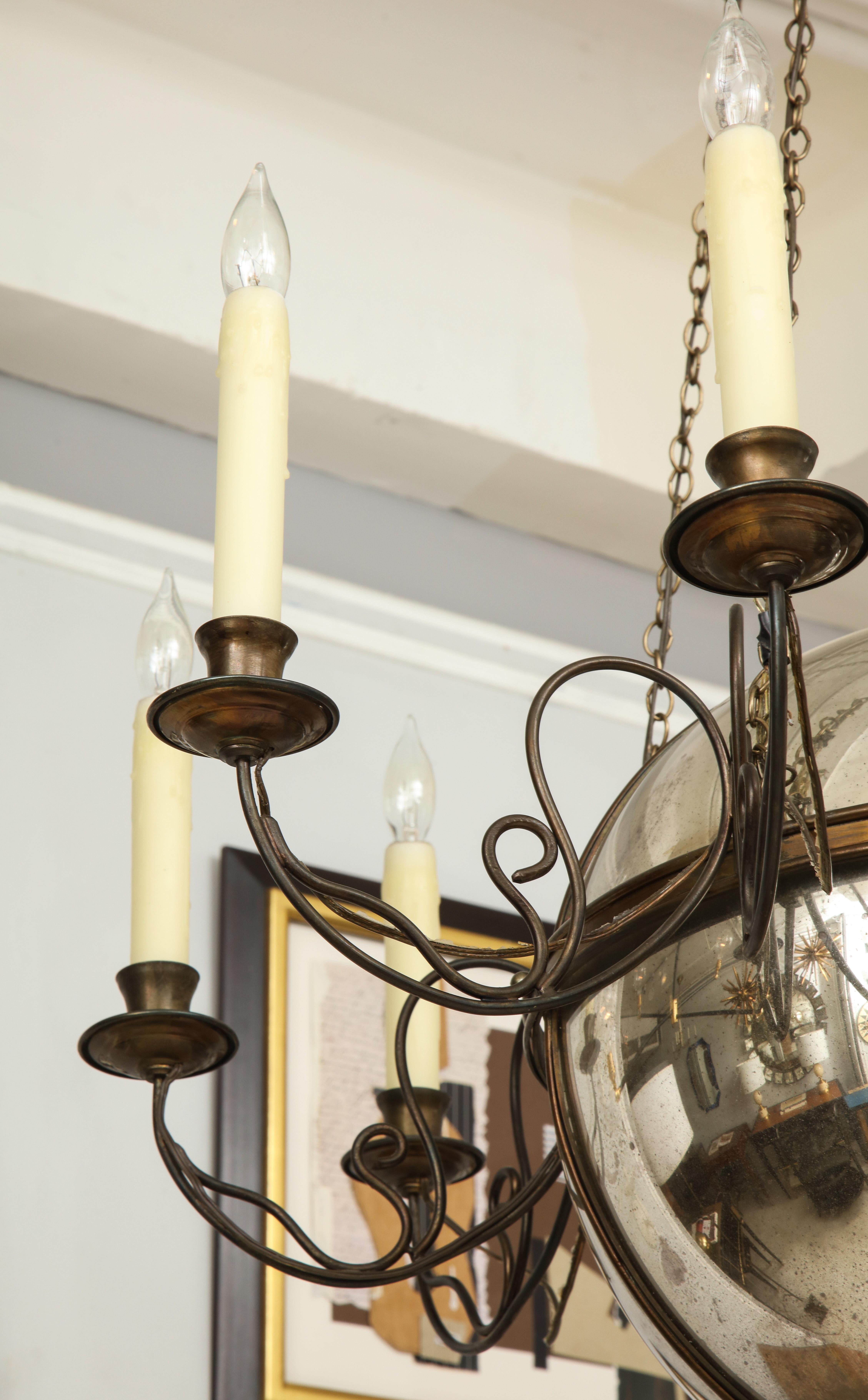 Unusual Antique Eight-Light Brass and Mercury Glass Chandelier 1
