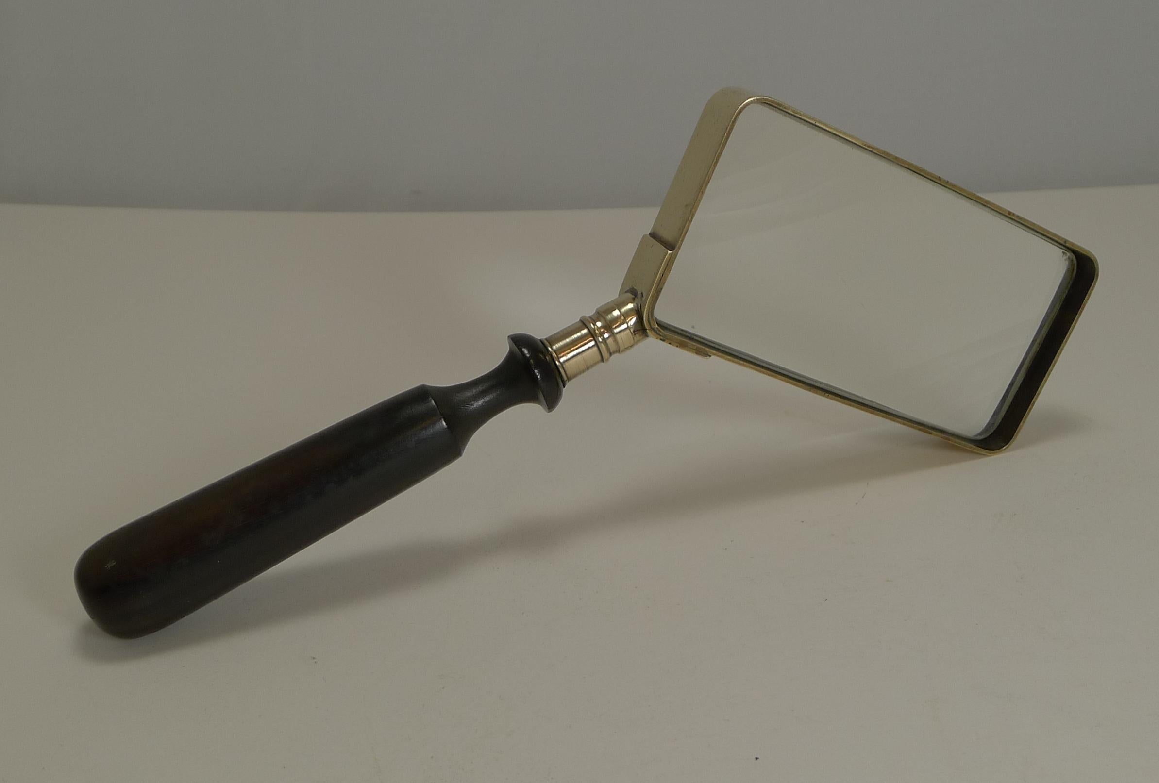 Unusual Antique English Brass and Ebony Magnifying Glass, circa 1900 In Good Condition In Bath, GB