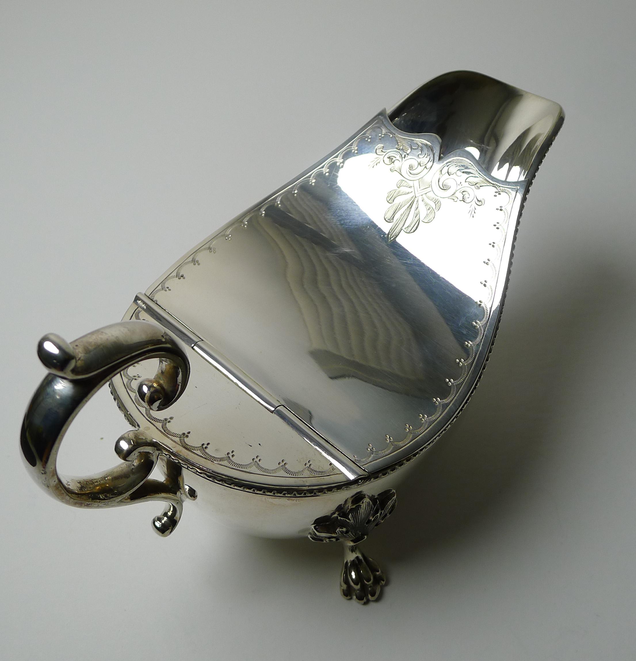 Late 19th Century Unusual Antique English Silver Plated Spoon Warmer c.1880, Sauce Boat Shaped For Sale