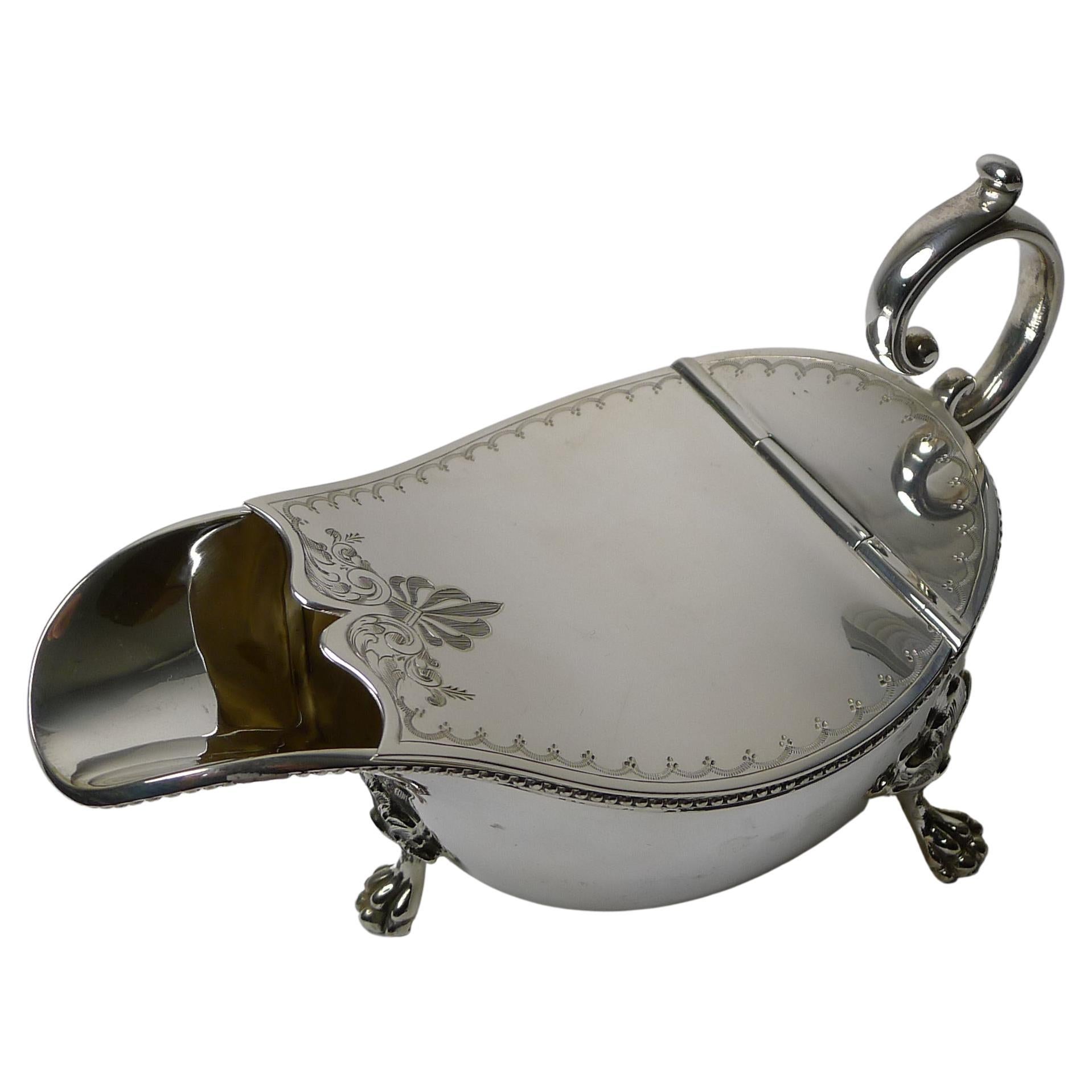 Unusual Antique English Silver Plated Spoon Warmer c.1880, Sauce Boat Shaped For Sale