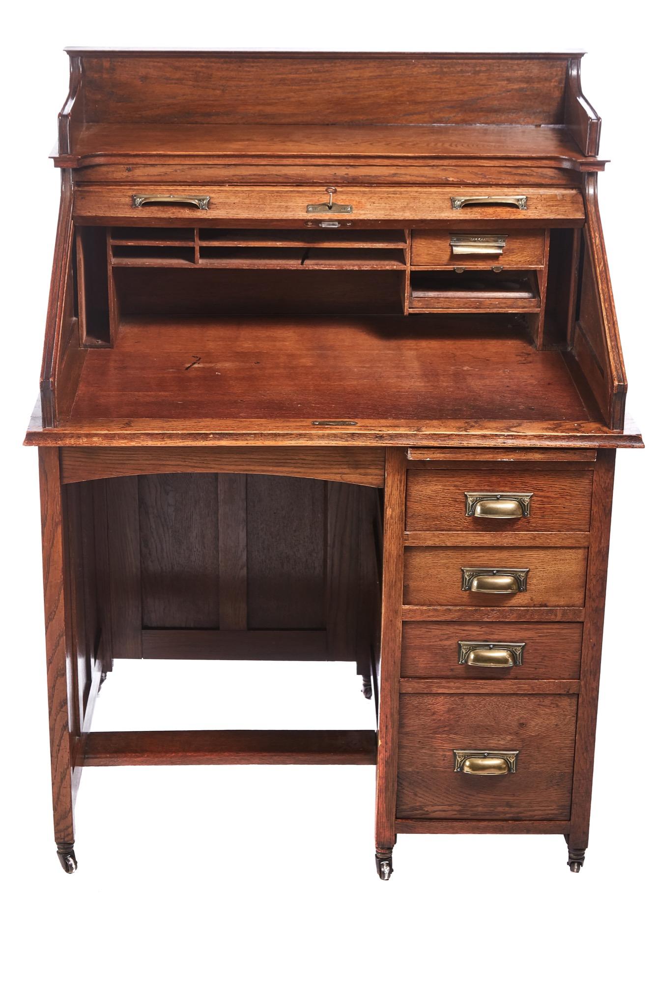 Victorian Unusual Antique Freestanding Oak Roll Top Desk