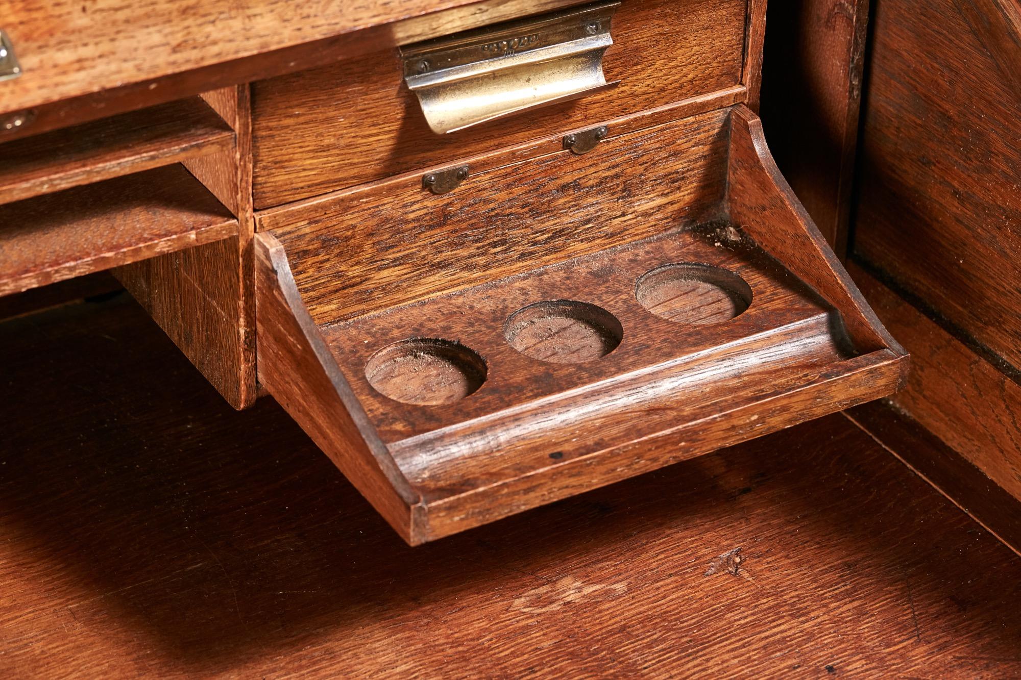 Unusual Antique Freestanding Oak Roll Top Desk 3