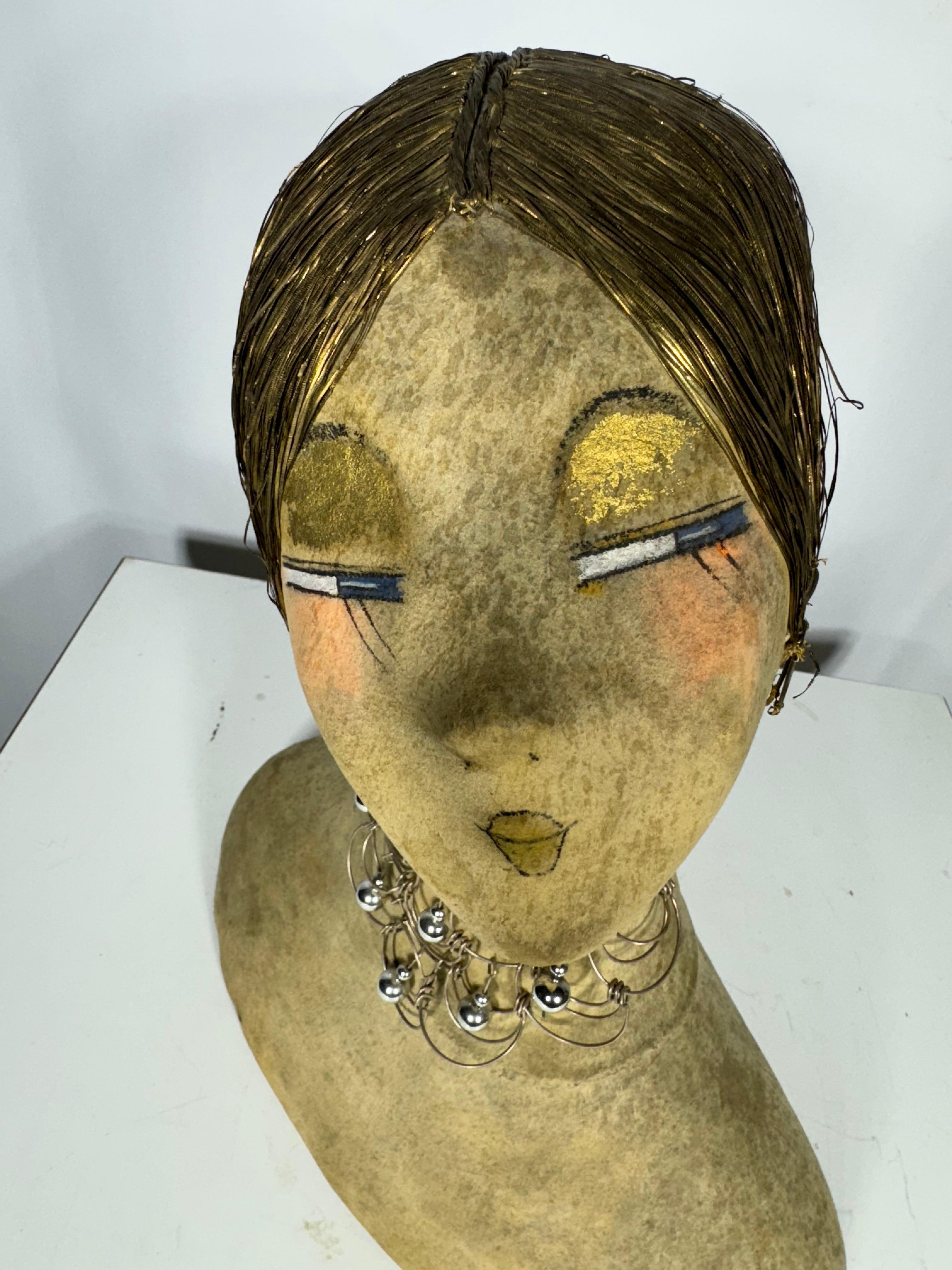 Inusual Antiguo / francés Art Deco 1920s Maniquí Mostrar Cabeza / Pelo de hilo de latón,,, firmado,, 