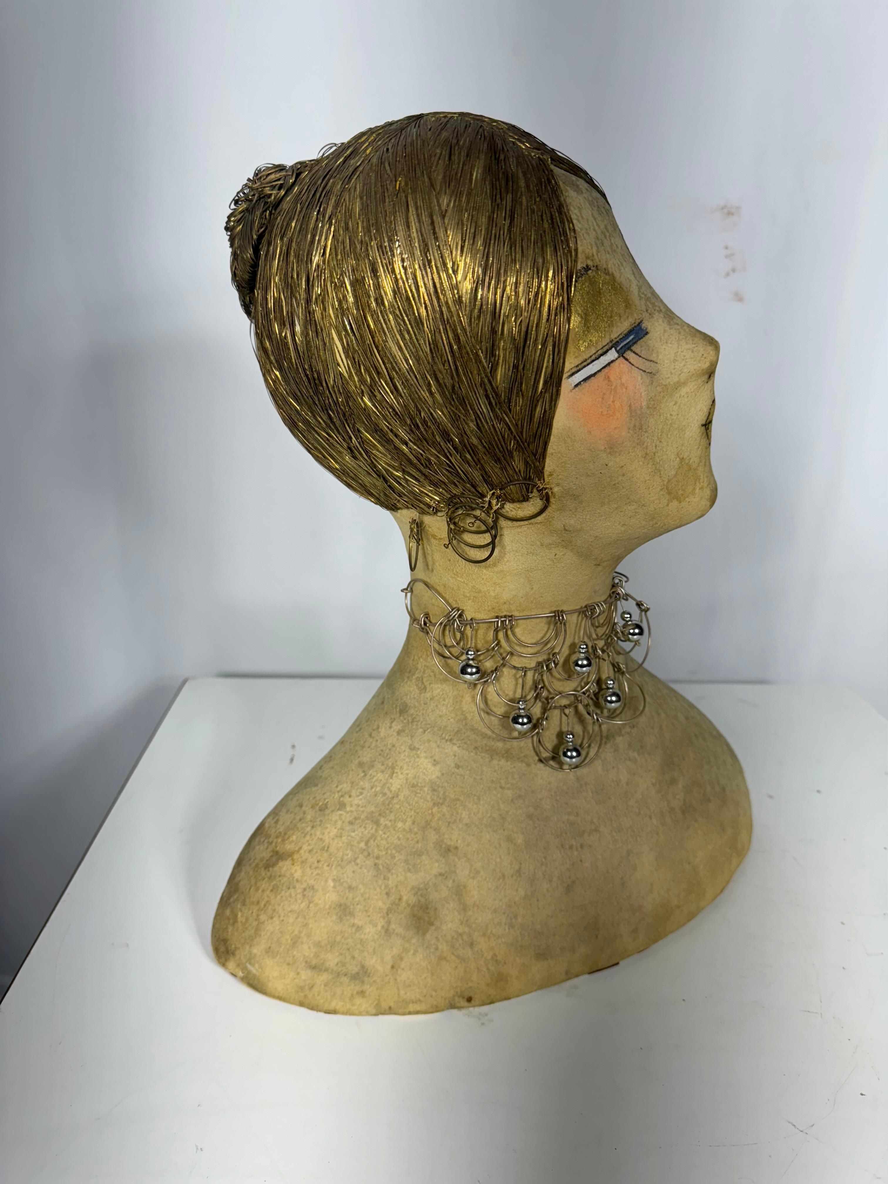 Cabeza de maniquí de exposición inusual Antique / French Art Deco 1920s/Pelo de hilo de latón Francés en venta