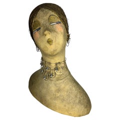 Unusual Antique / French Art Deco 1920s Mannequin Display Head/Brass Thread Hair