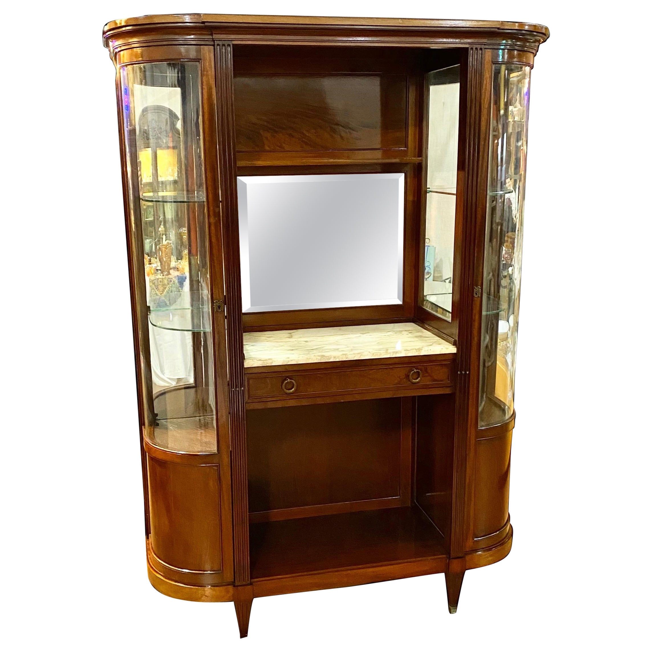 Unusual Antique French Louis XVI Style CarvedWalnut Curved Glass Dry Bar