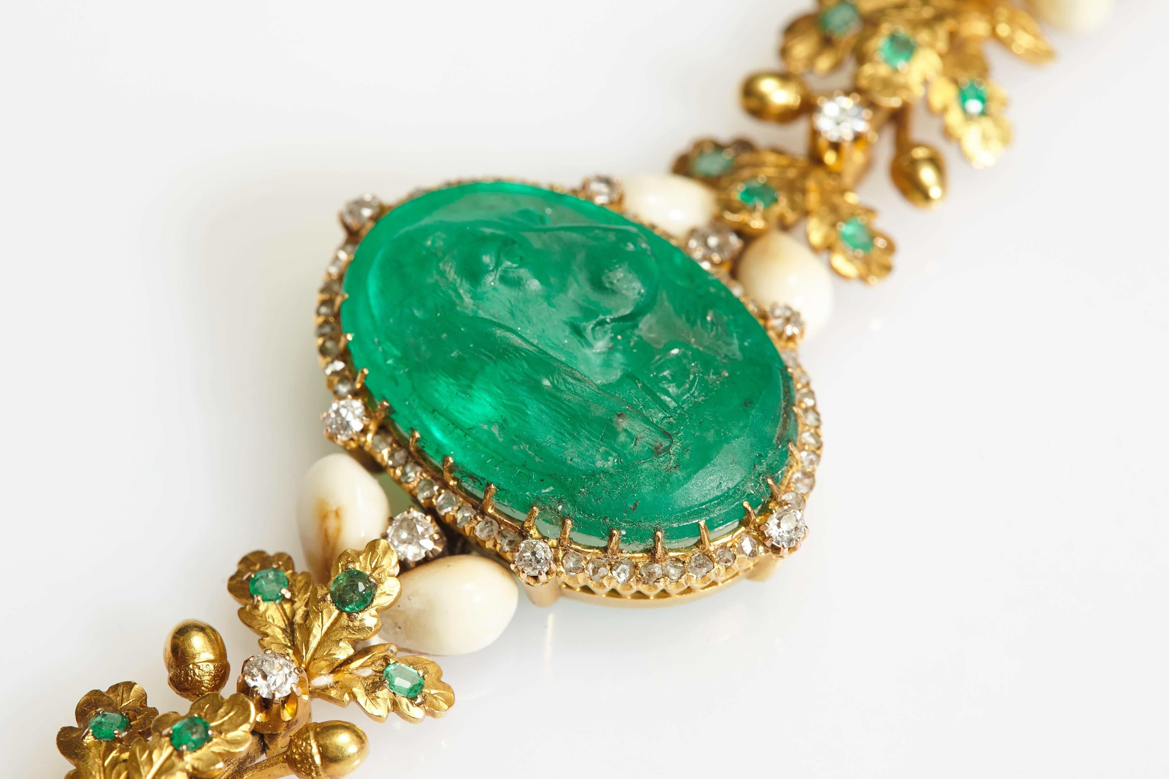 Art Nouveau Unusual Antique Hunting Emerald Cameo Bracelet For Sale