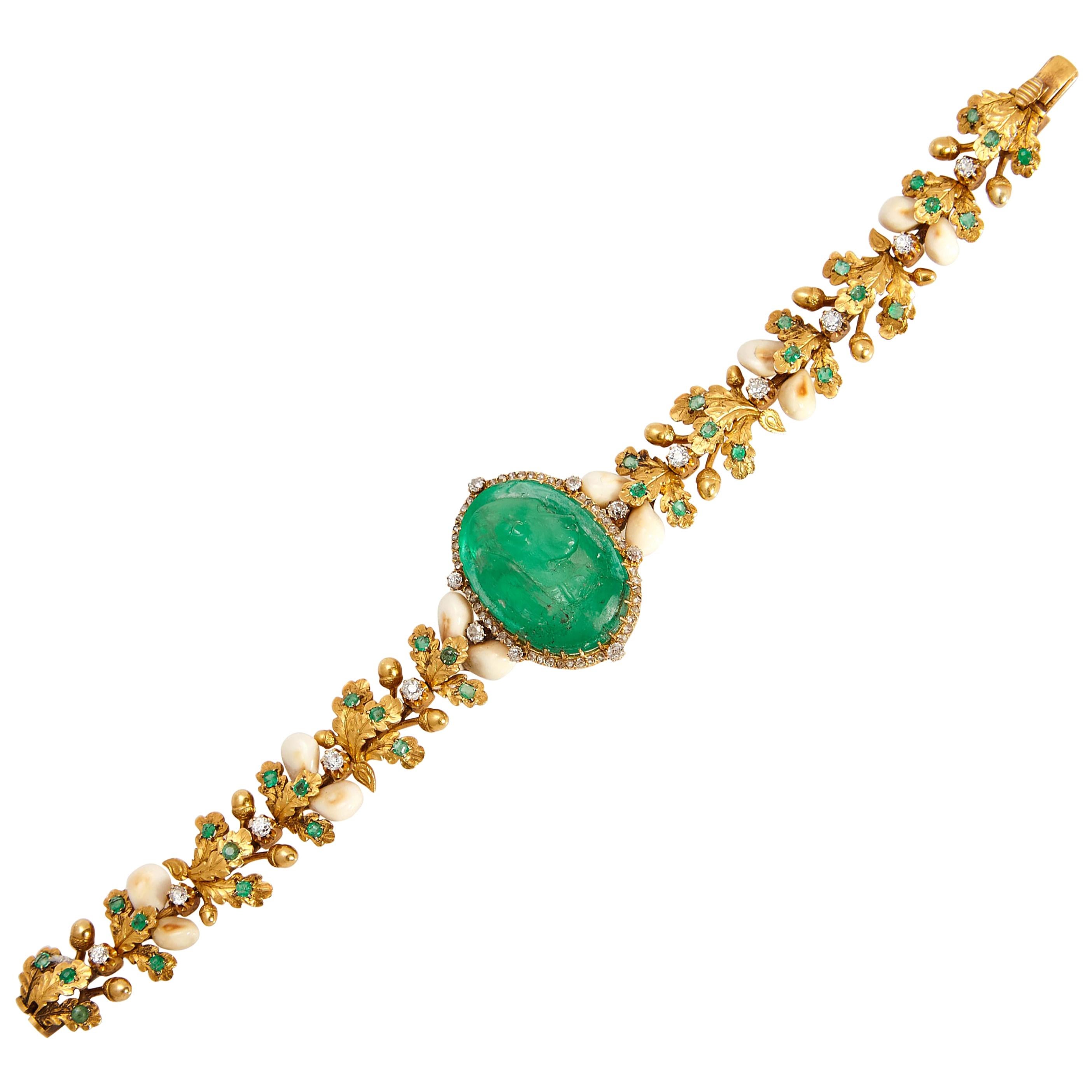 Unusual Antique Hunting Emerald Cameo Bracelet For Sale