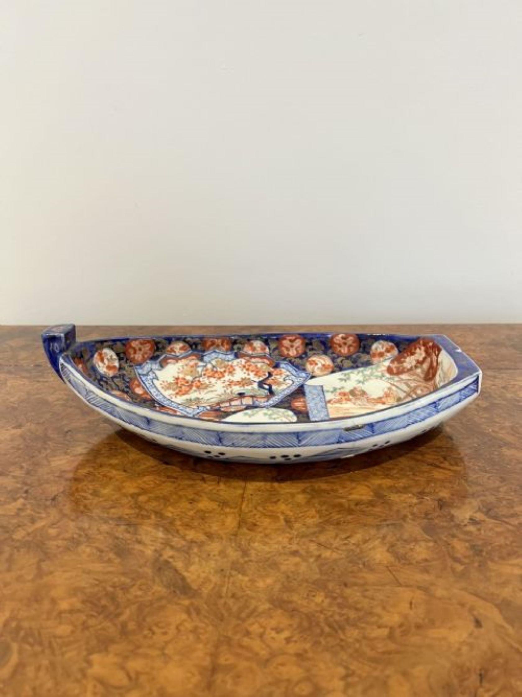 Ceramic Unusual antique Japanese quality Imari boat shaped dish For Sale