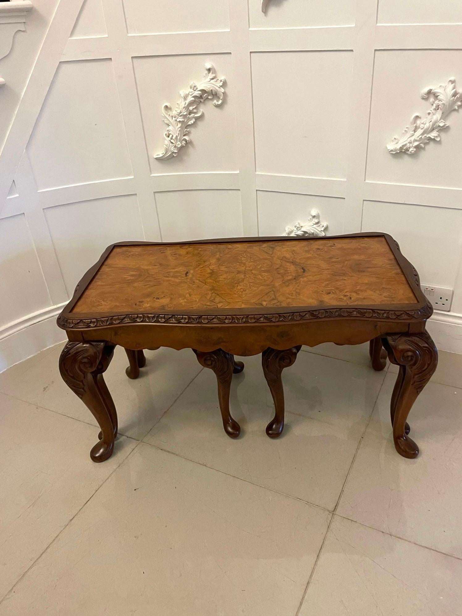 Unusual Antique nest of 3 quality burr walnut tables having a quality burr walnut rectangular shaped top with a carved serpentine shaped edge above two smaller pull out freestanding tables with quality burr walnut tops and a carved edge serpentine