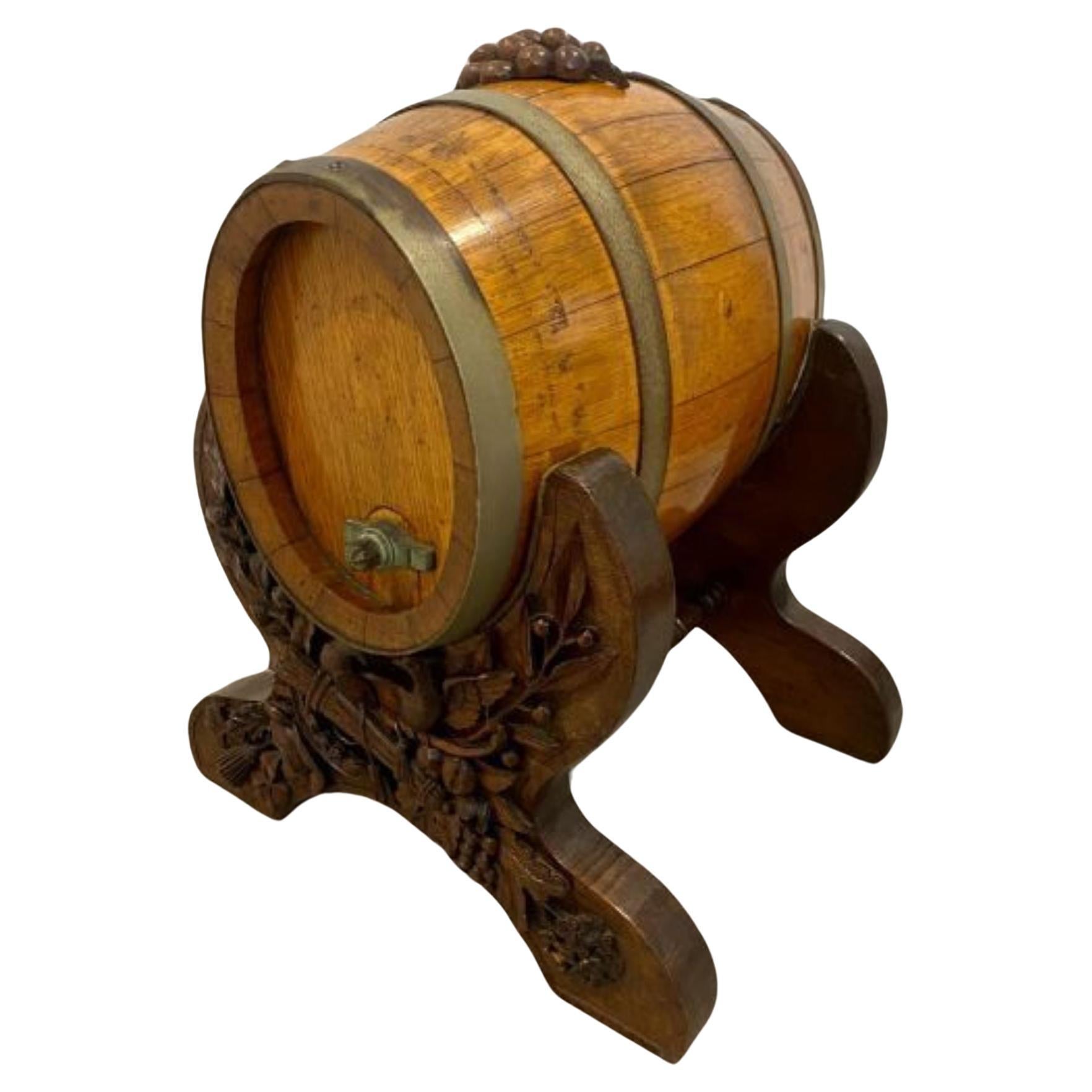 Unusual Antique Oak Brass Bound Barrel On A Quality Black Forest Stand For Sale