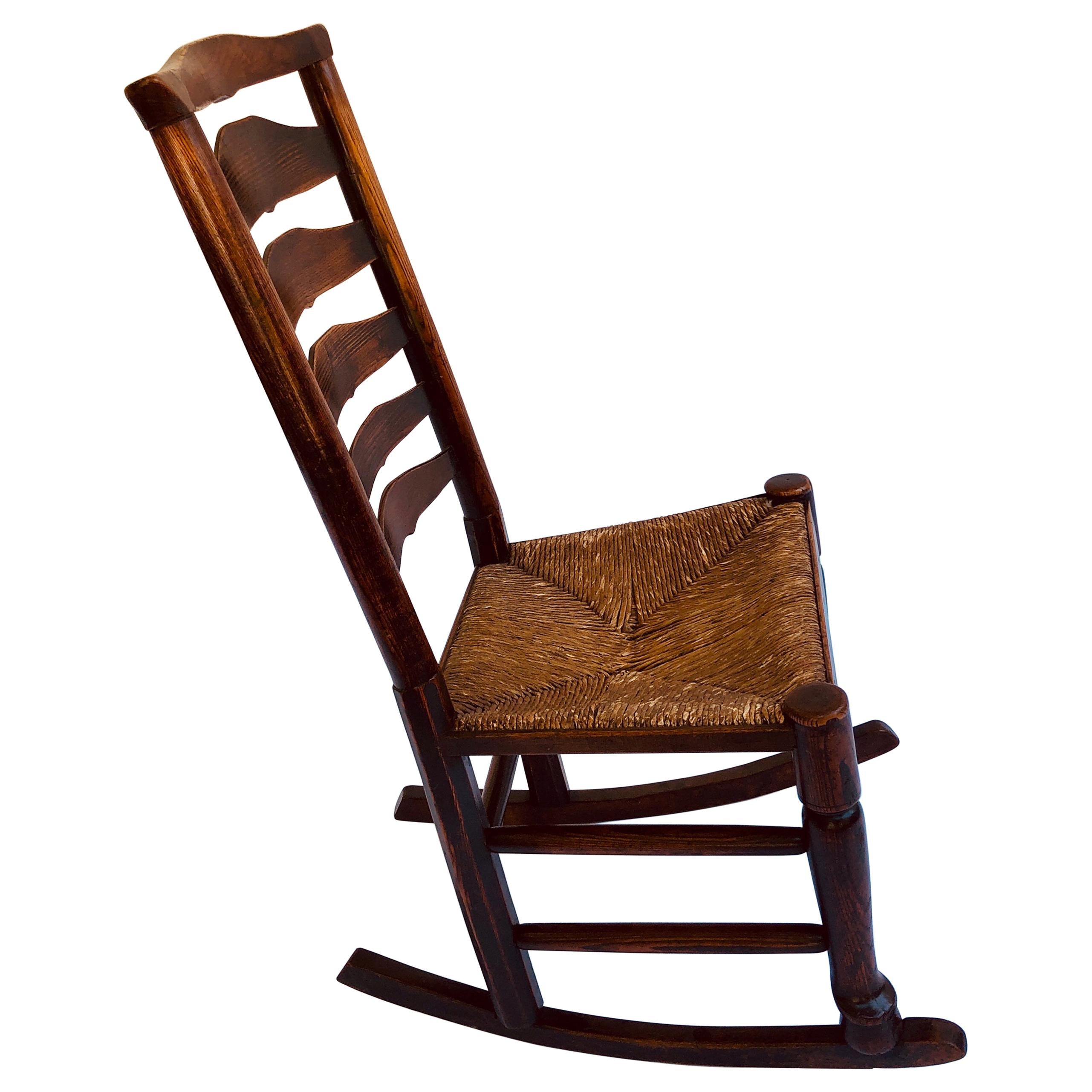 Unusual Antique Oak Ladder Back Rocking Chair For Sale