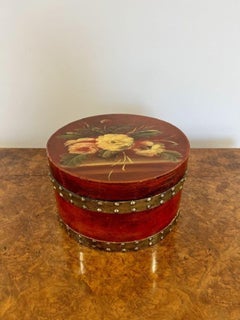 Unusual antique pair of hand painted circular storage boxes