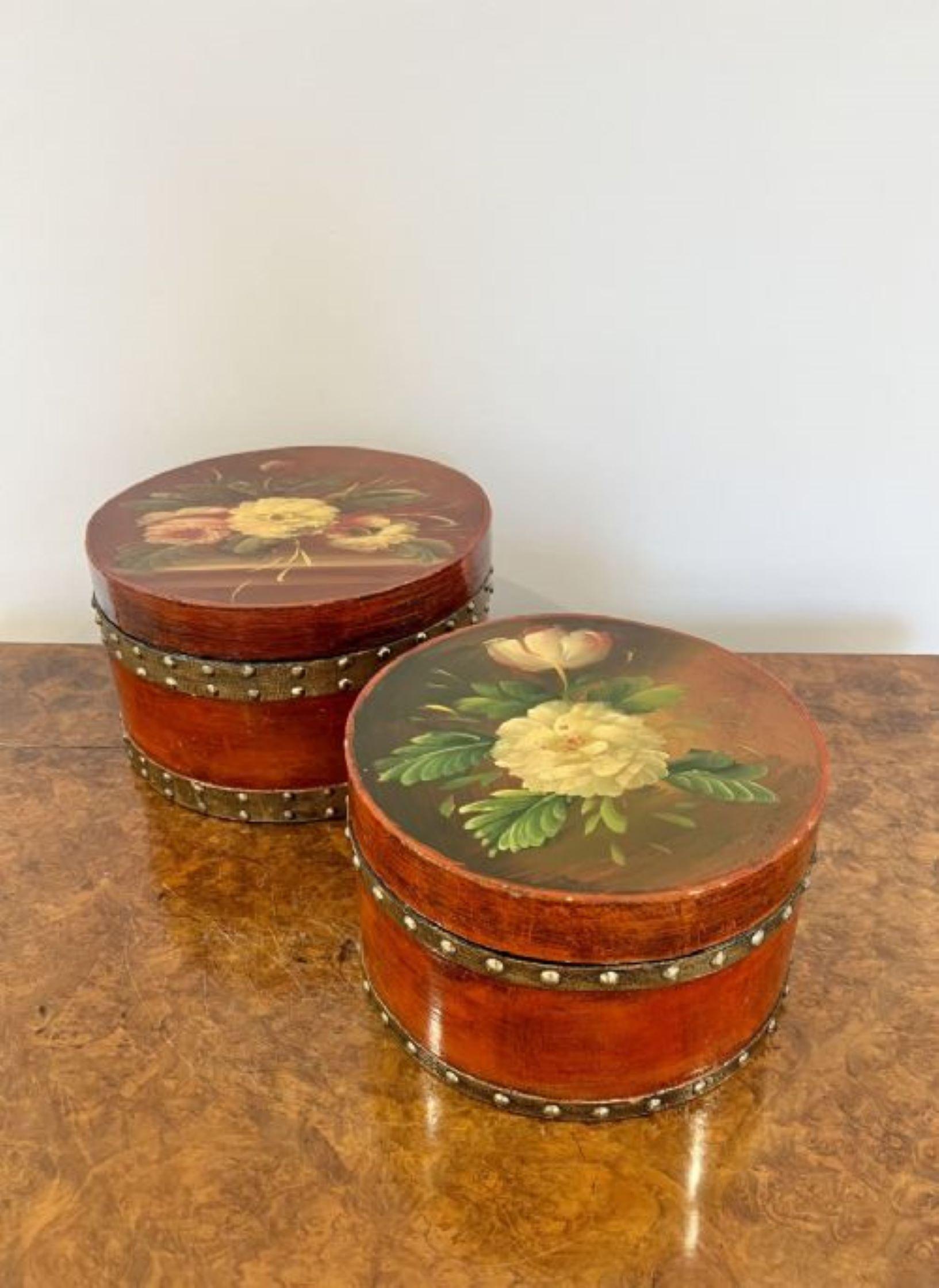 Ceramic Unusual antique pair of hand painted circular storage boxes For Sale