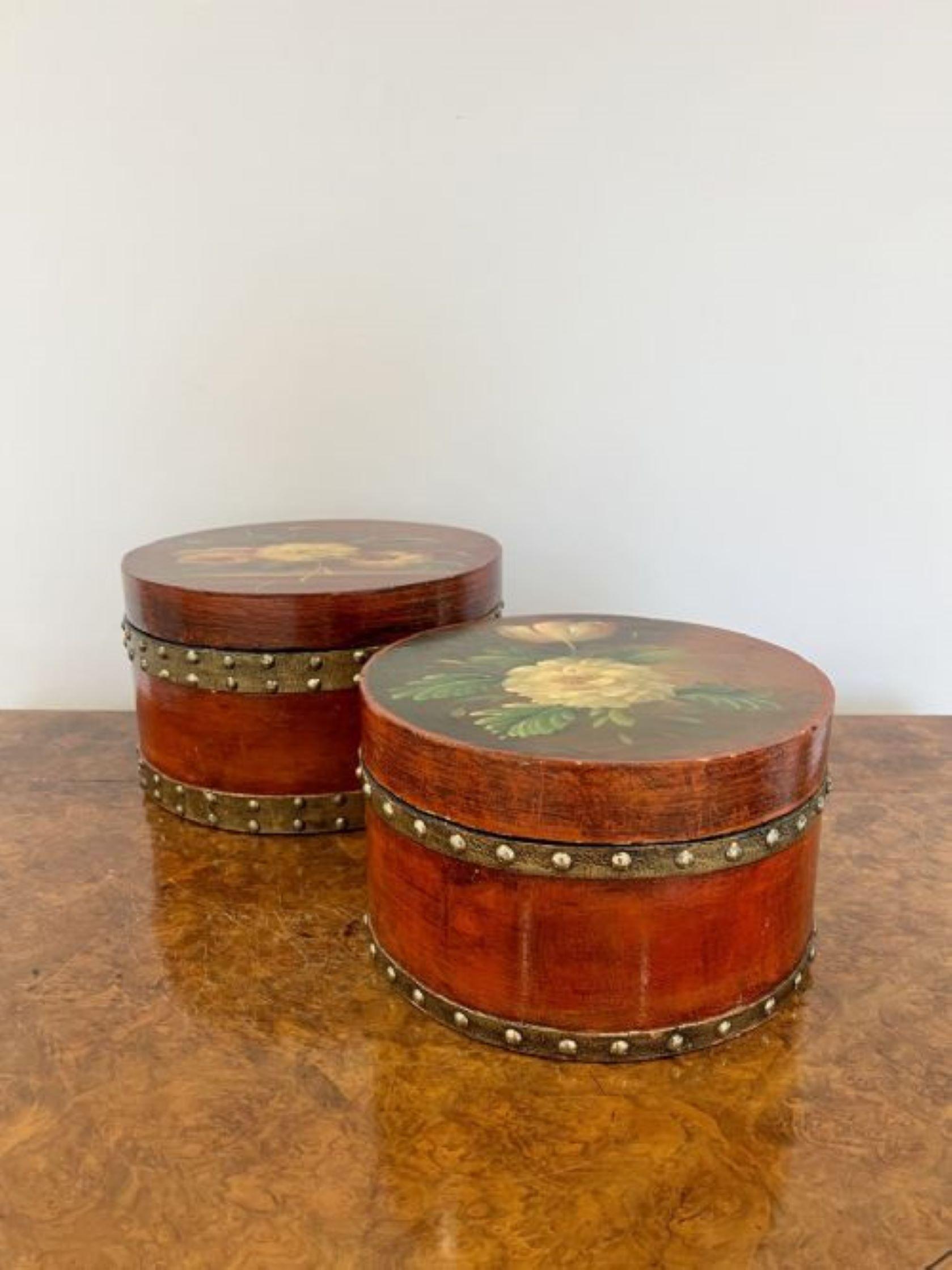 Unusual antique pair of hand painted circular storage boxes For Sale 2