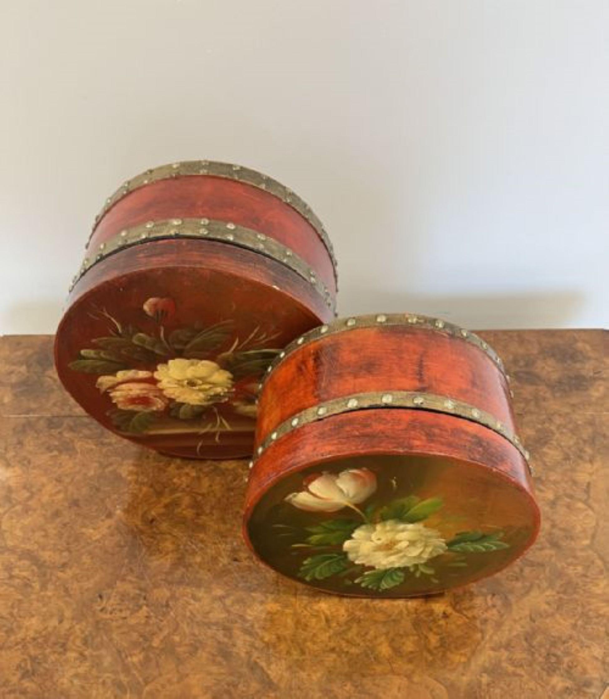 Unusual antique pair of hand painted circular storage boxes For Sale 3
