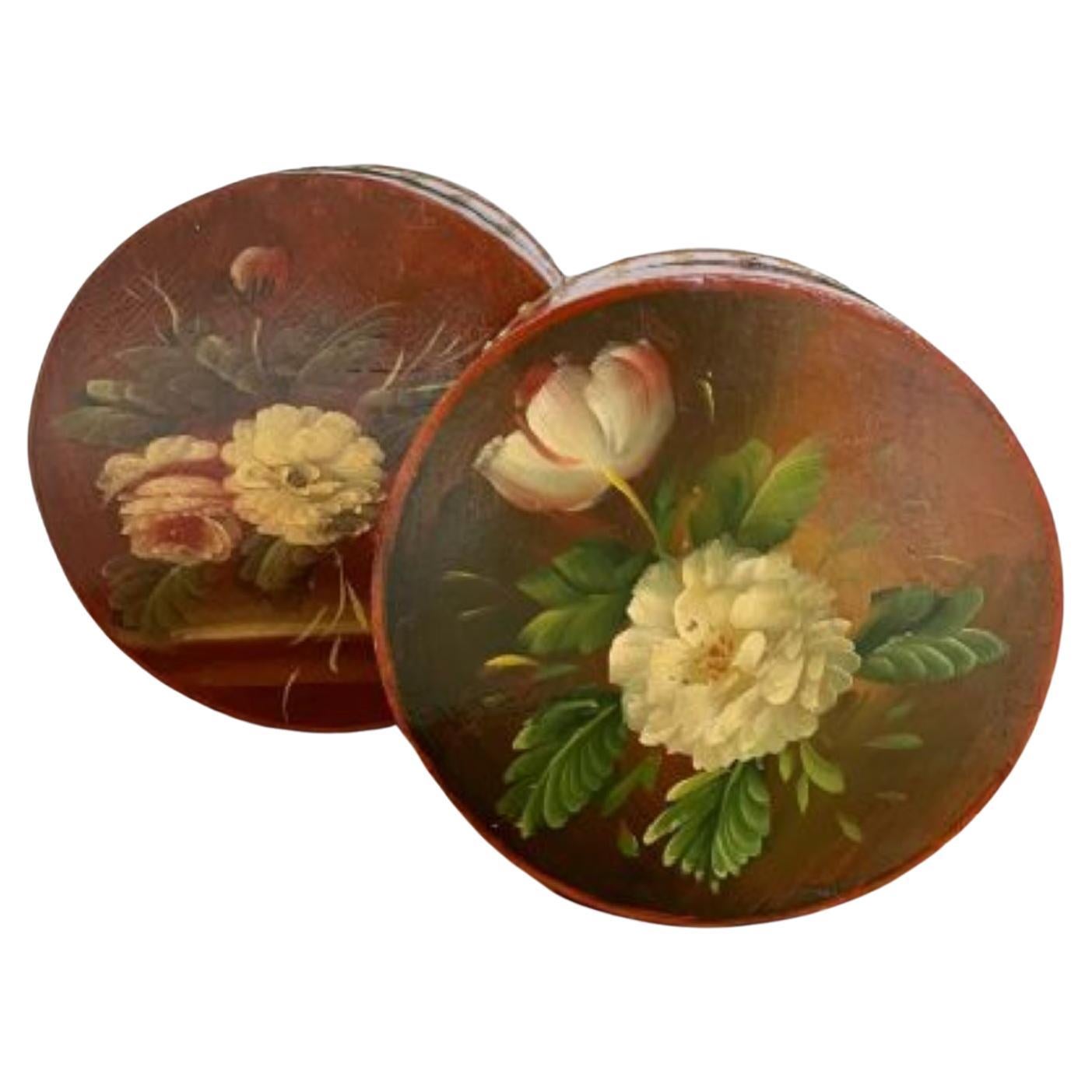 Unusual antique pair of hand painted circular storage boxes For Sale