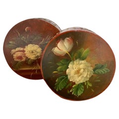 Unusual Antique pair of hand painted circular storage boxes