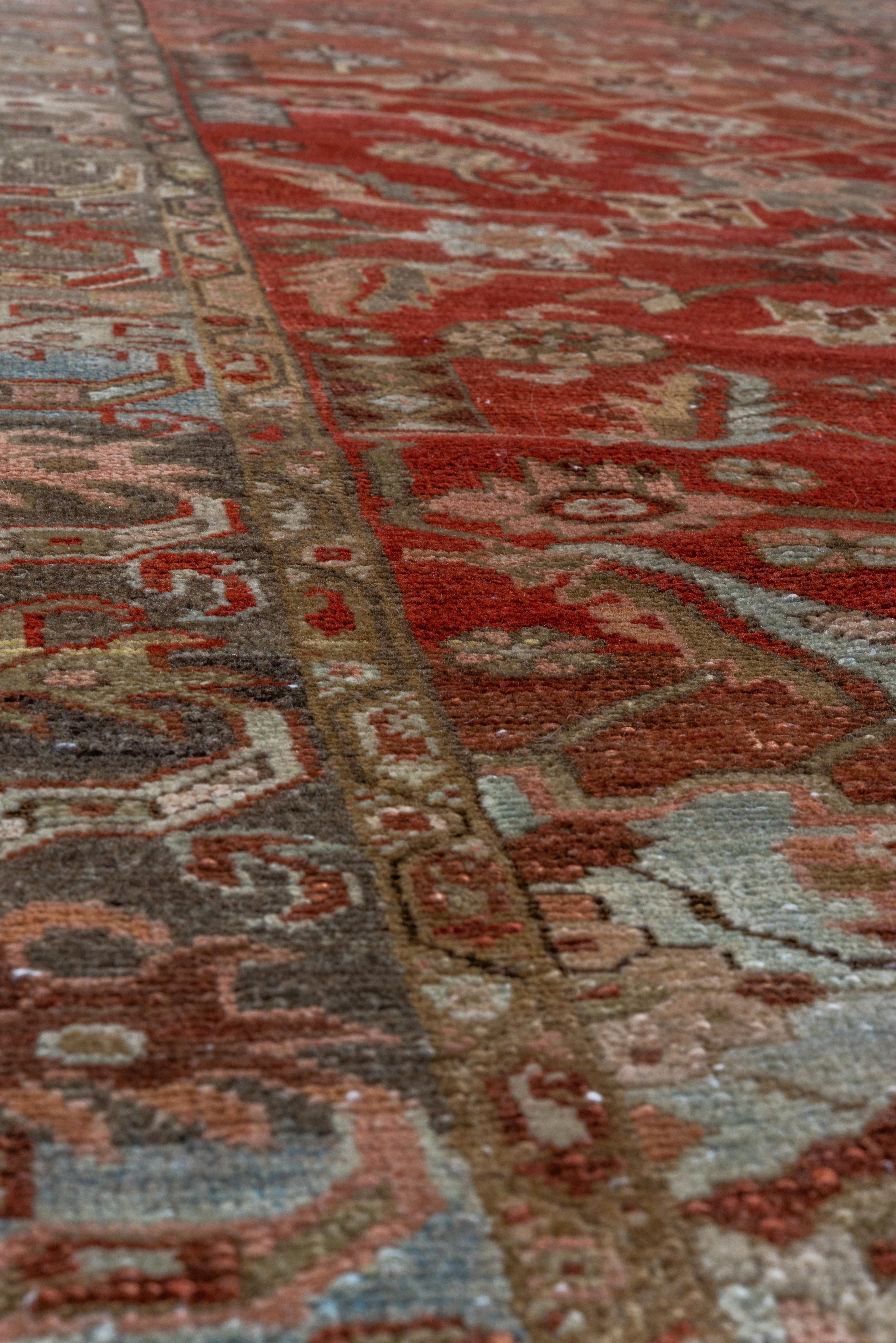 Hand-Knotted Unusual Antique Persian Heriz Long Runner, Rust Field, Gray Borders, Crica 1920s For Sale