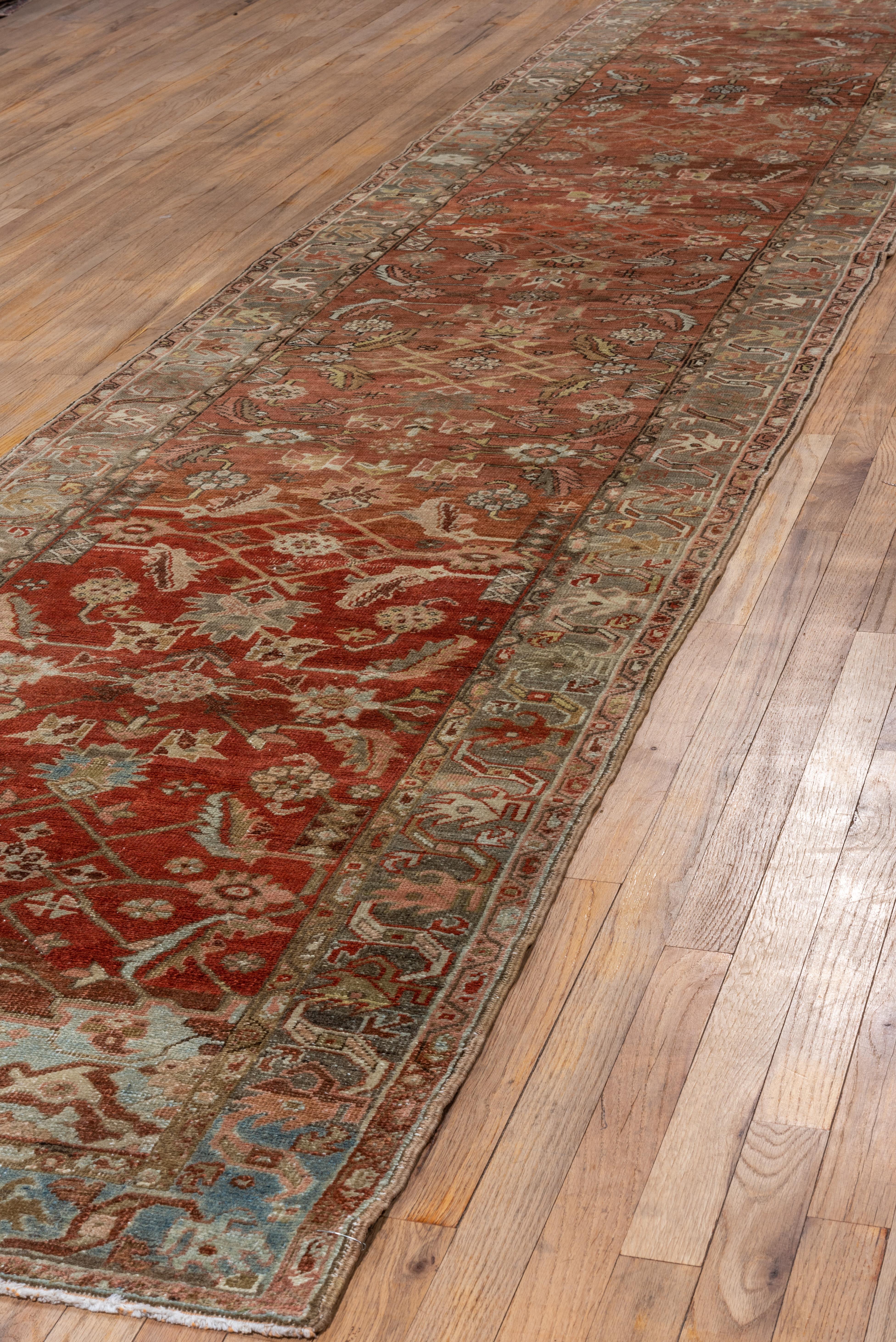 Unusual Antique Persian Heriz Long Runner, Rust Field, Gray Borders, Crica 1920s In Good Condition For Sale In New York, NY
