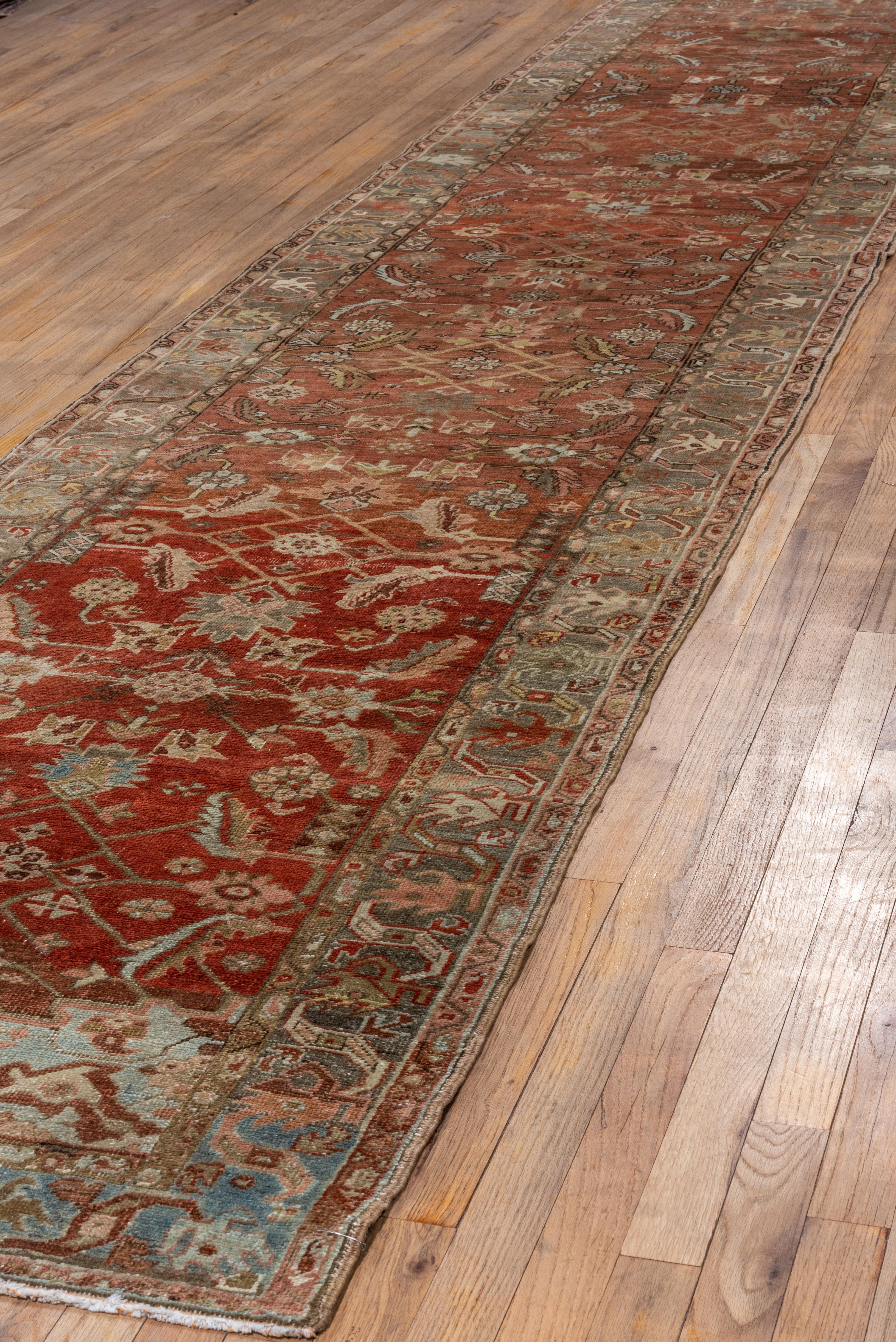 Unusual Antique Persian Heriz Long Runner, Rust Field, Gray Borders, Crica 1920s In Good Condition For Sale In New York, NY