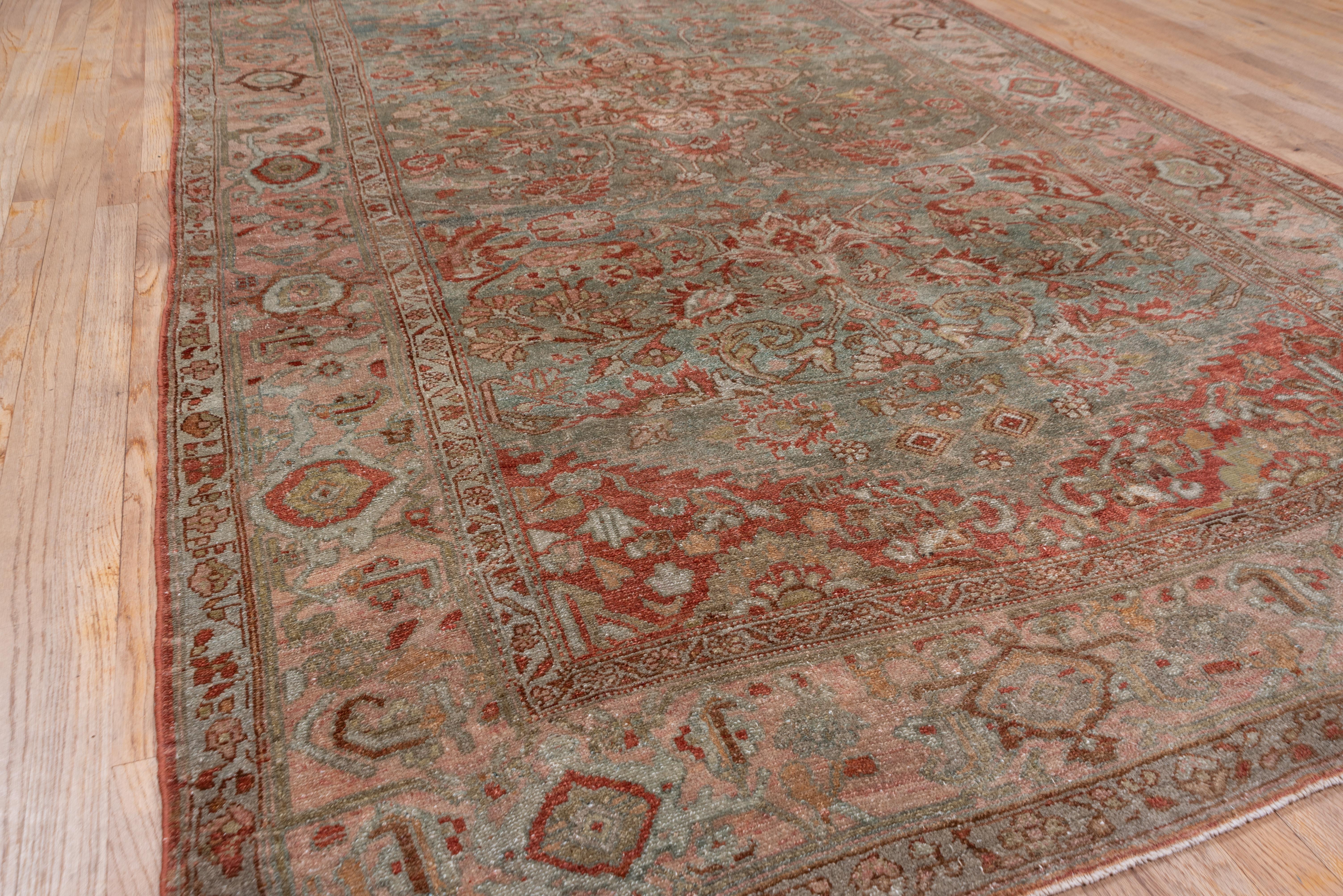 Hand-Knotted Unusual Antique Persian Malayer Gallery Rug, Pink Borders, Blue & Green Field For Sale
