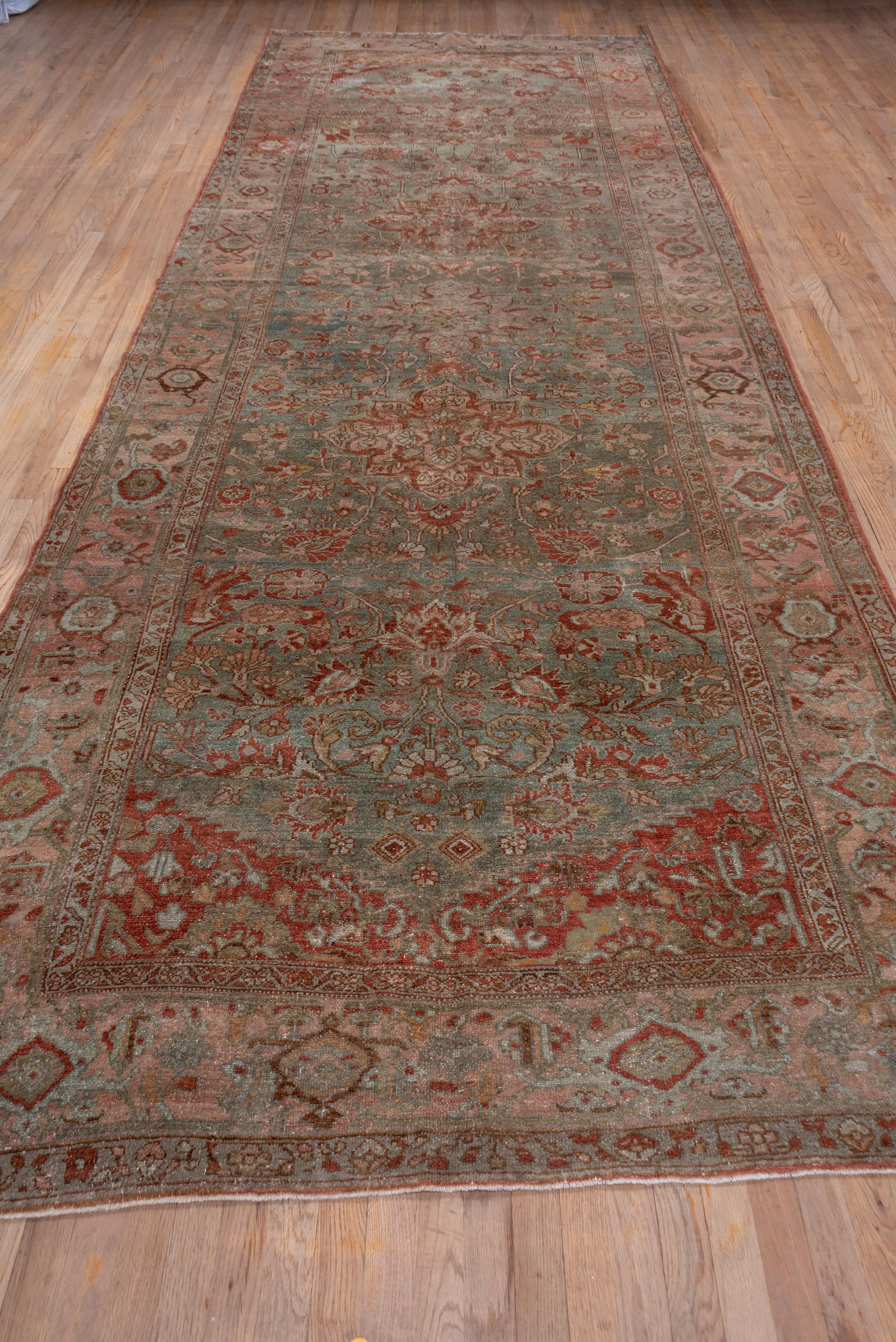 Unusual Antique Persian Malayer Gallery Rug, Pink Borders, Blue & Green Field In Good Condition For Sale In New York, NY
