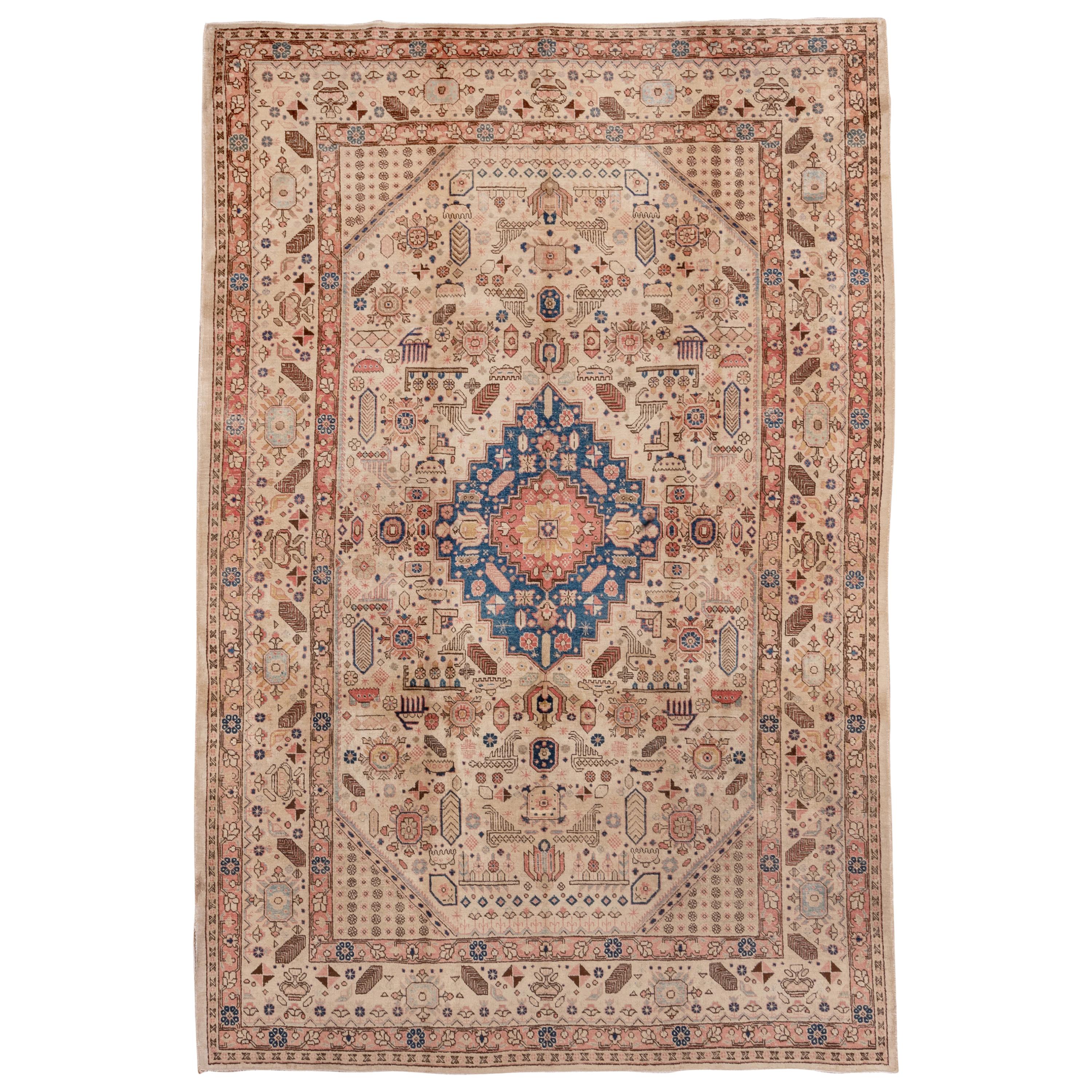 Unusual Antique Persian Tabriz Rug, Cream Field & Colorful Details For Sale