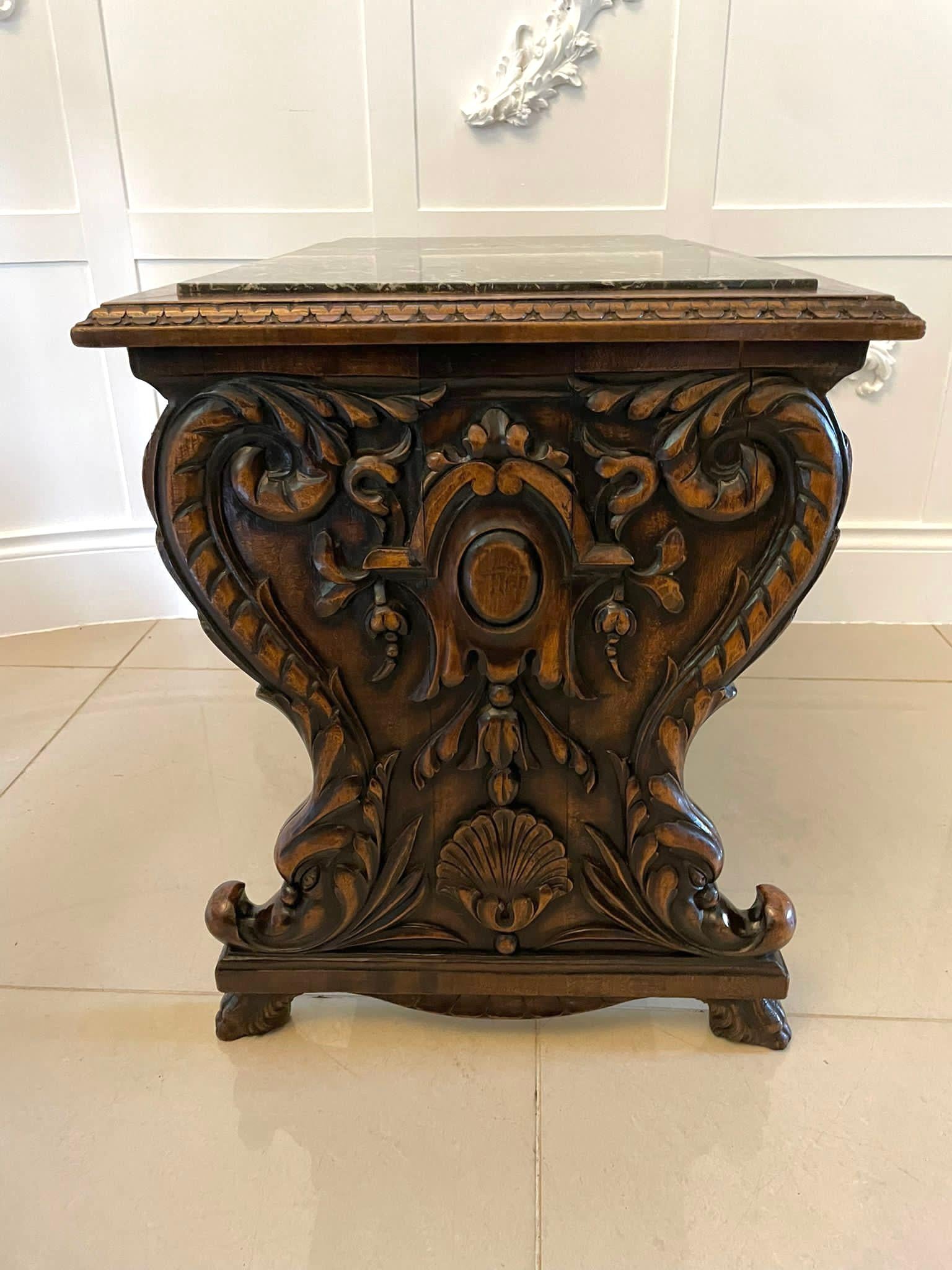 Unusual Antique Quality Carved Walnut and Marble Top Italian Coffee Table For Sale 6