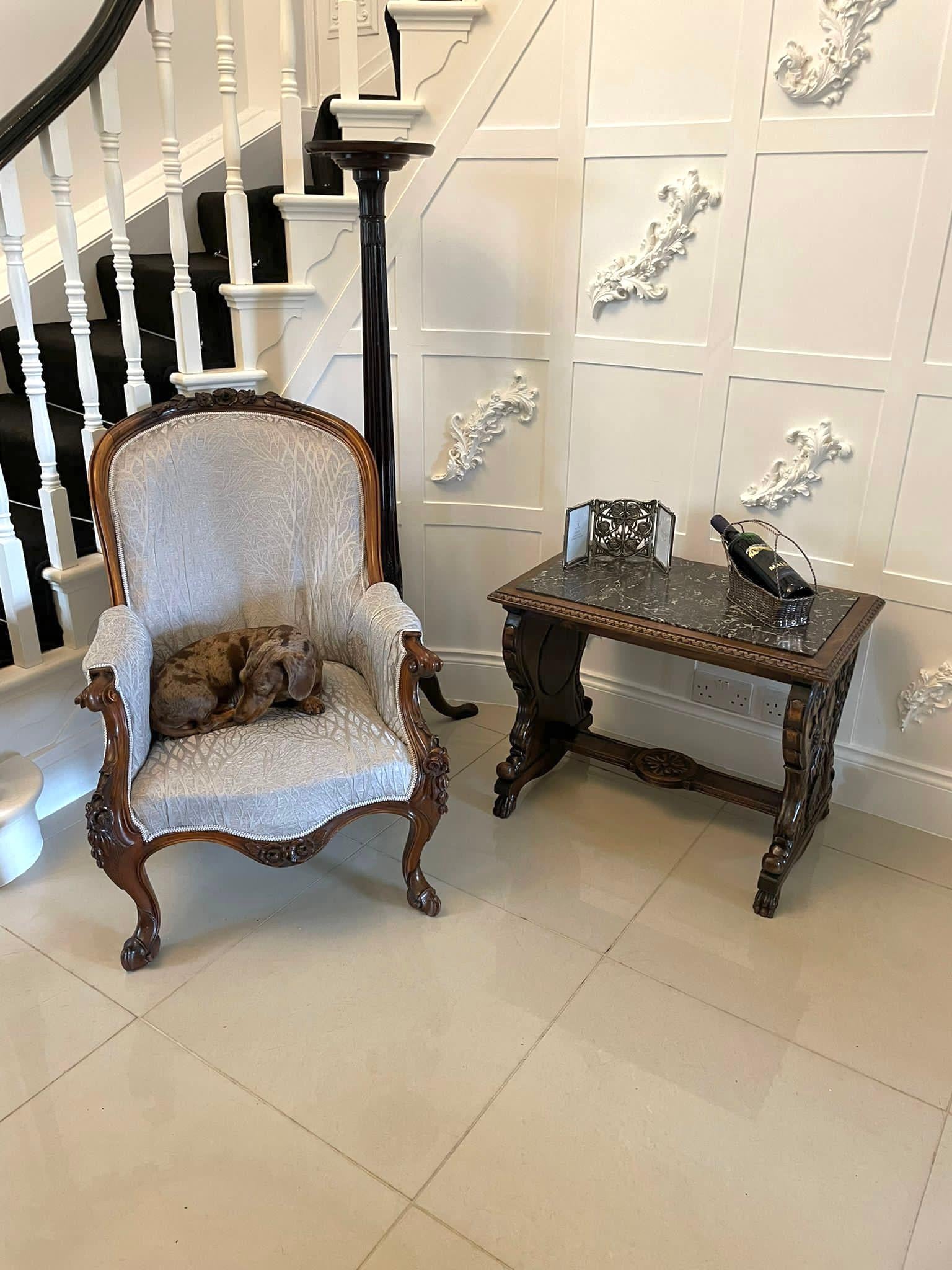 Unusual Antique Victorian quality carved walnut and marble top Italian coffee table having a rectangular shaped carved walnut top with a lovely marble insert supported by fantastic carved walnut shaped supports raised on carved walnut claw feet and