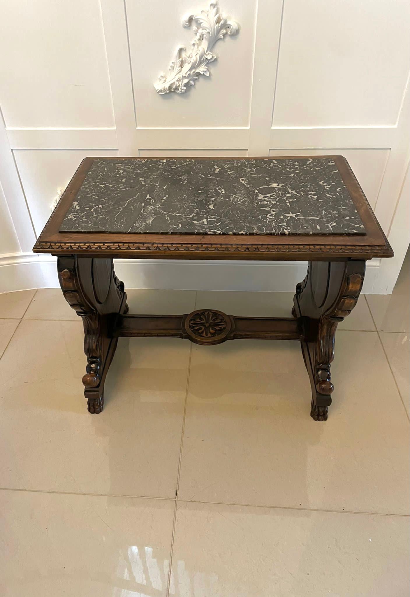 Victorian Unusual Antique Quality Carved Walnut and Marble Top Italian Coffee Table For Sale