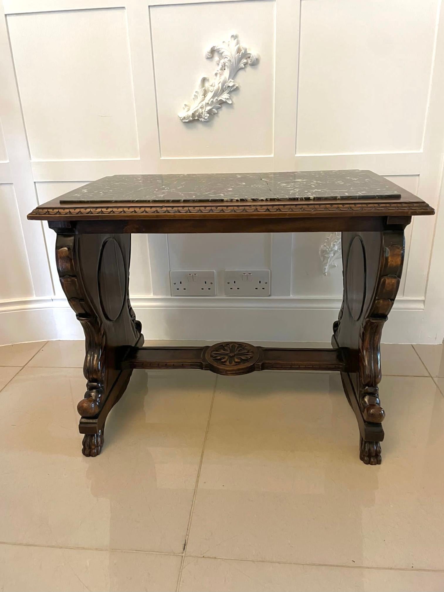 Unusual Antique Quality Carved Walnut and Marble Top Italian Coffee Table In Good Condition For Sale In Suffolk, GB