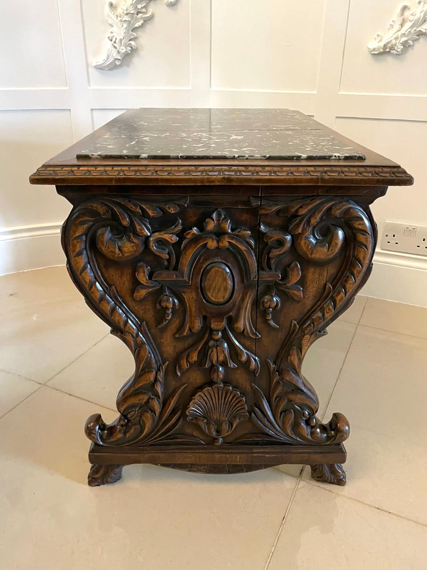 Unusual Antique Quality Carved Walnut and Marble Top Italian Coffee Table For Sale 3