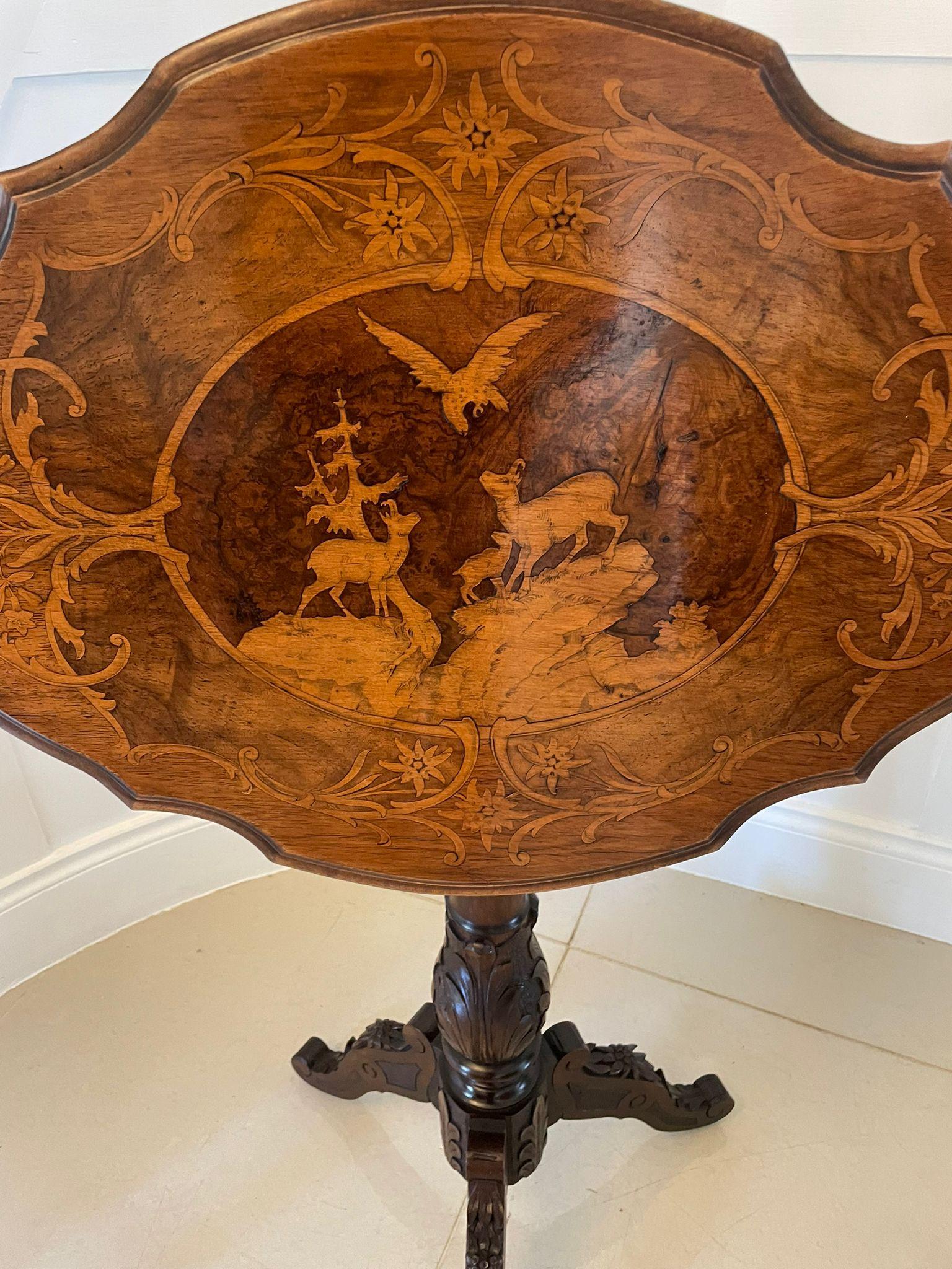 Inlay Unusual Antique Quality Marquetry Inlaid Walnut Swiss Black Forest Table For Sale