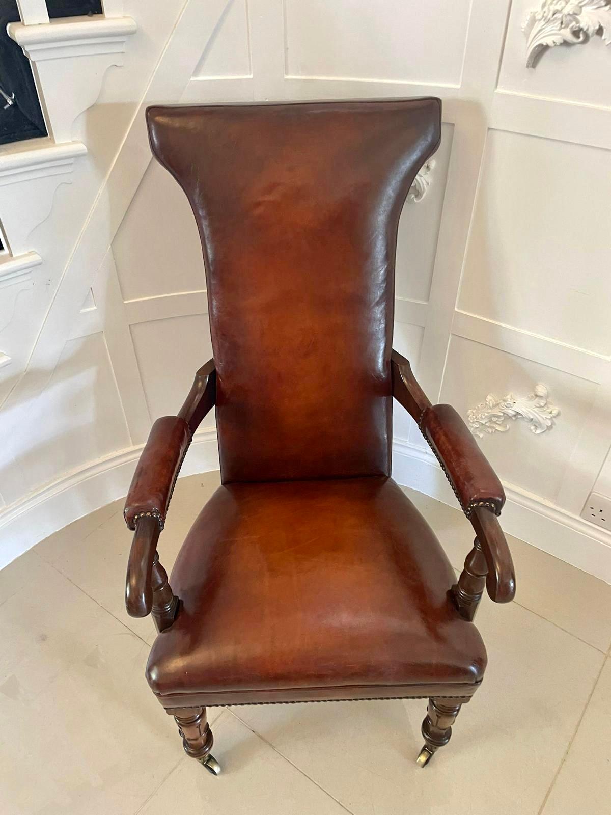 English Unusual Antique Quality William IV Leather and Mahogany Library Chair For Sale