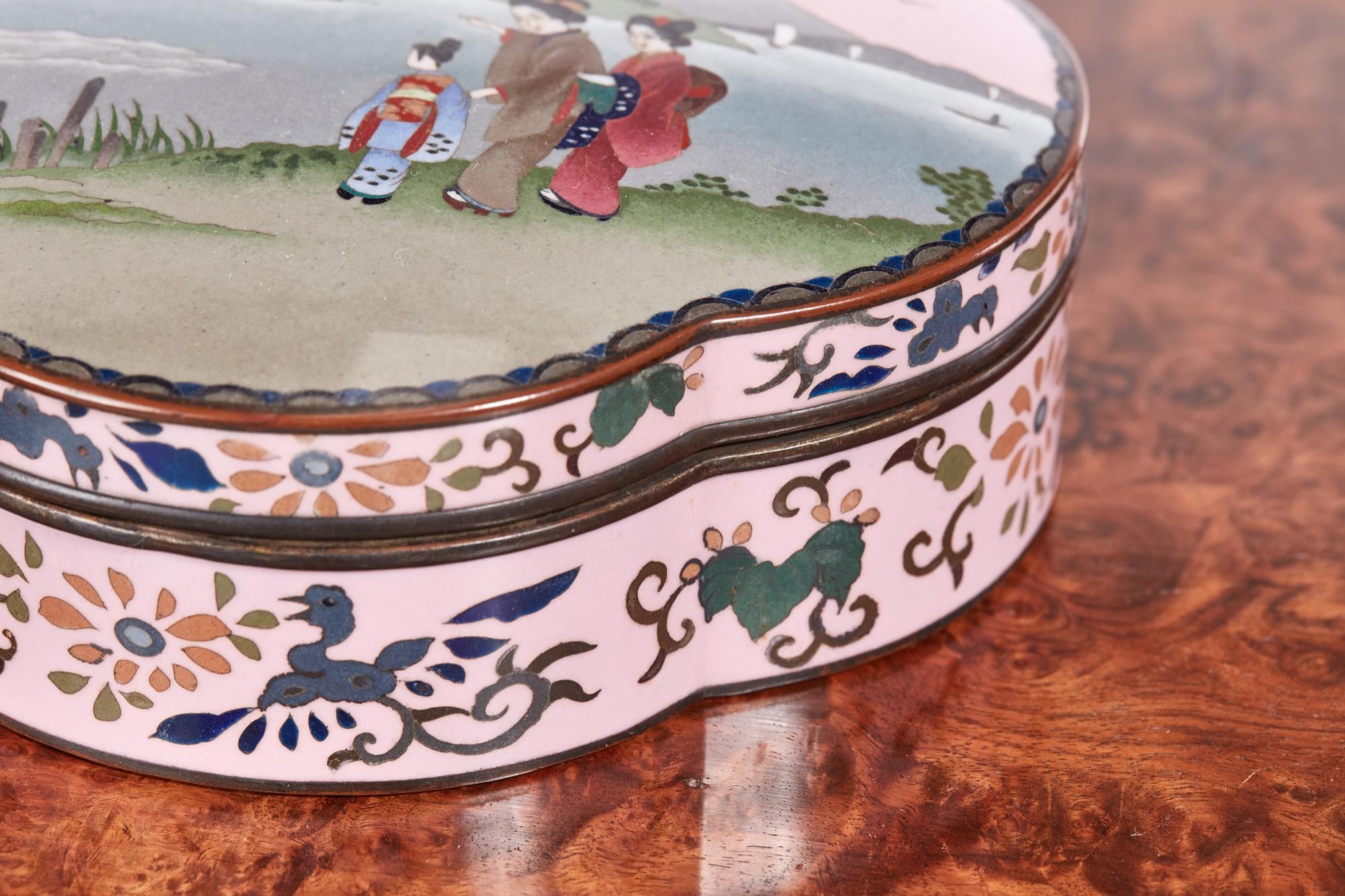 This is an unusual antique shaped Japanese cloisonné box having an extremely attractive design in lovely vivid colours. 

 