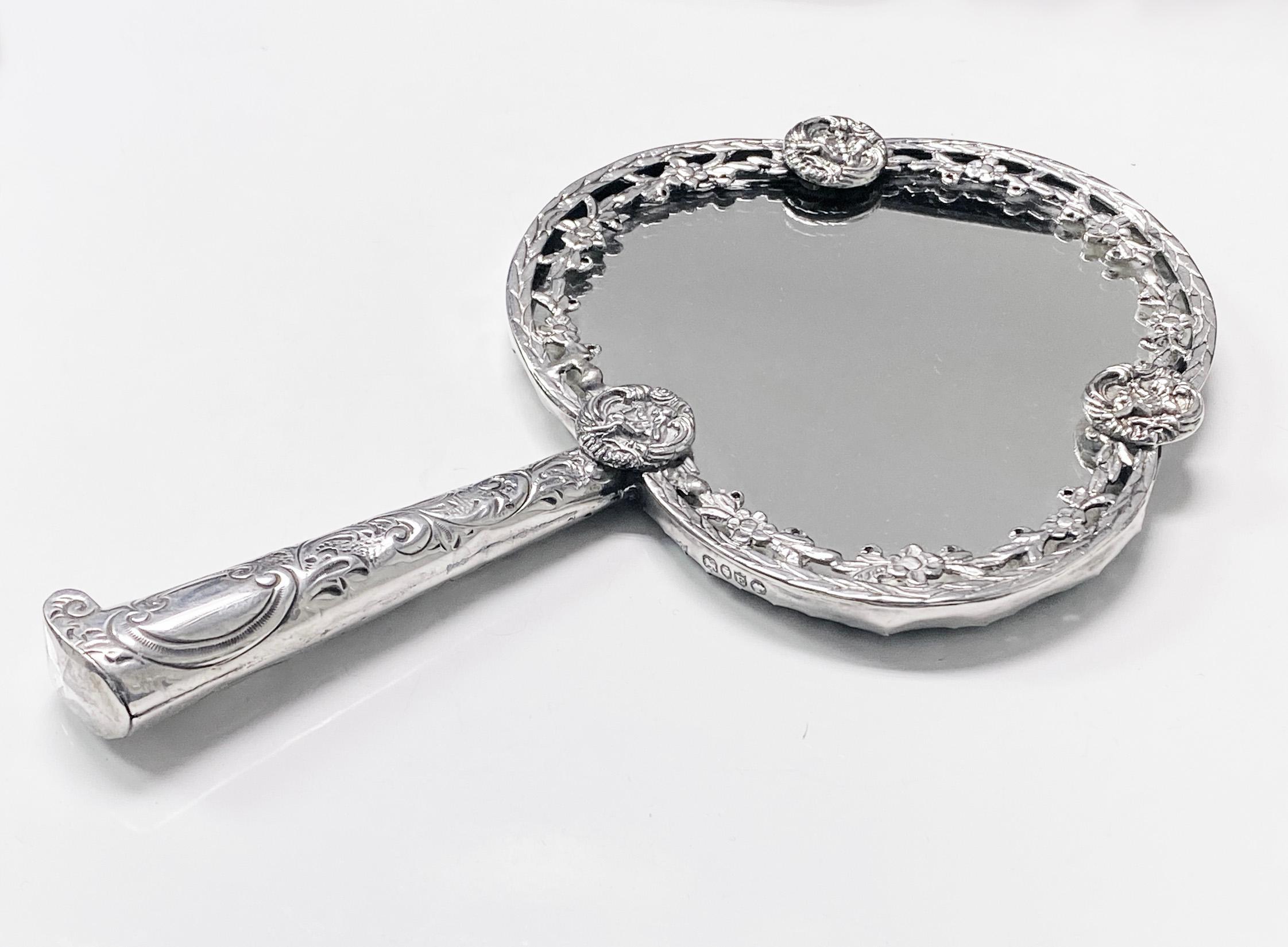 Unusual Antique Silver Hand Mirror, London 1880 Robert Humphries In Good Condition For Sale In Toronto, ON
