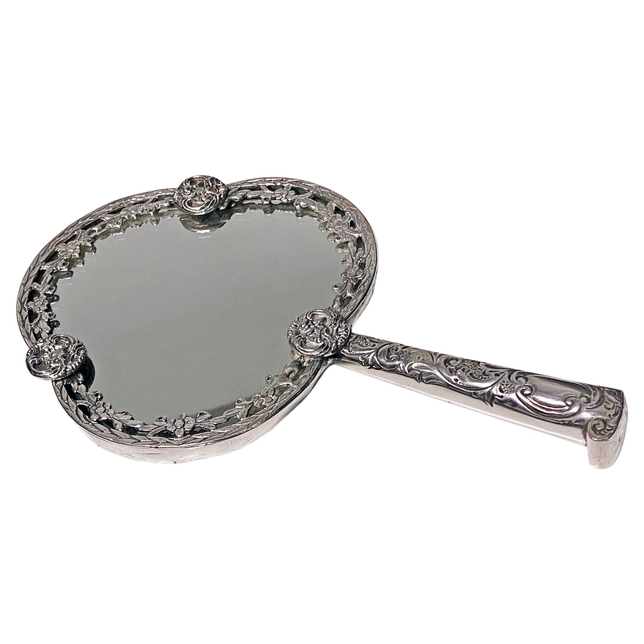 Unusual Antique Silver Hand Mirror, London 1880 Robert Humphries For Sale