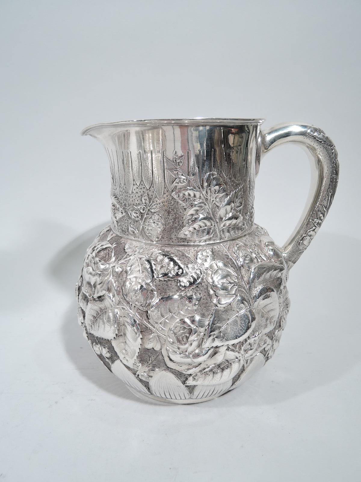 Victorian Unusual Antique Tiffany Sterling Silver Flower-Strewn Water Pitcher