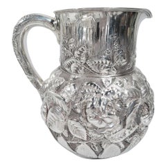 Unusual Antique Tiffany Sterling Silver Flower-Strewn Water Pitcher