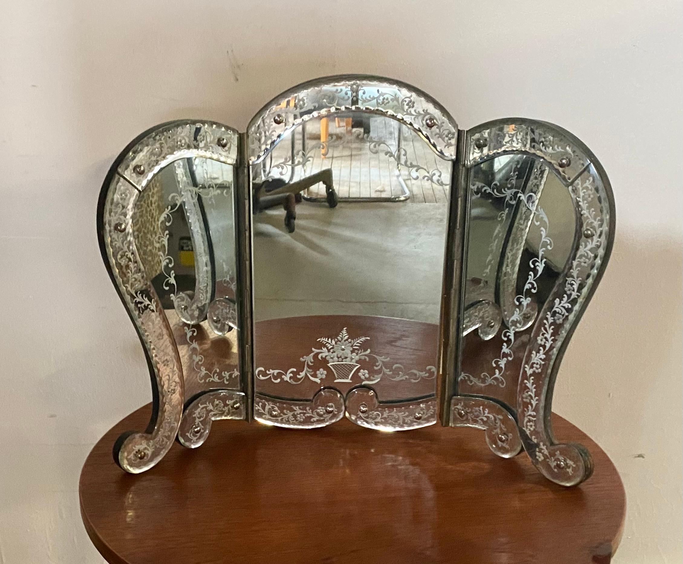 Regency Unusual Antique Tri-fold Venetian Dresser / Vanity Mirror