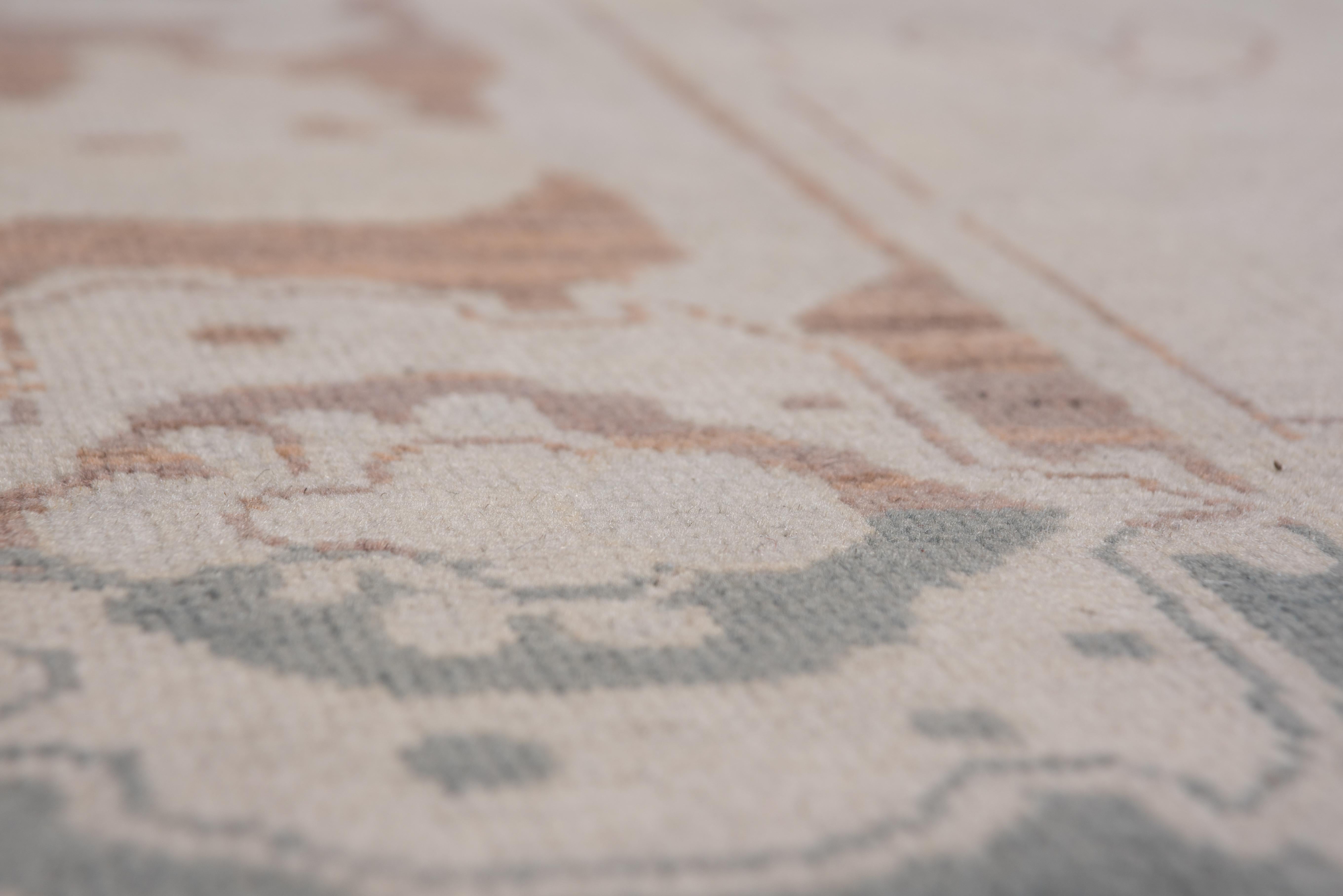 Wool Unusual Antique Turkish Oushak Carpet, Neutral Palette, Green Accents For Sale