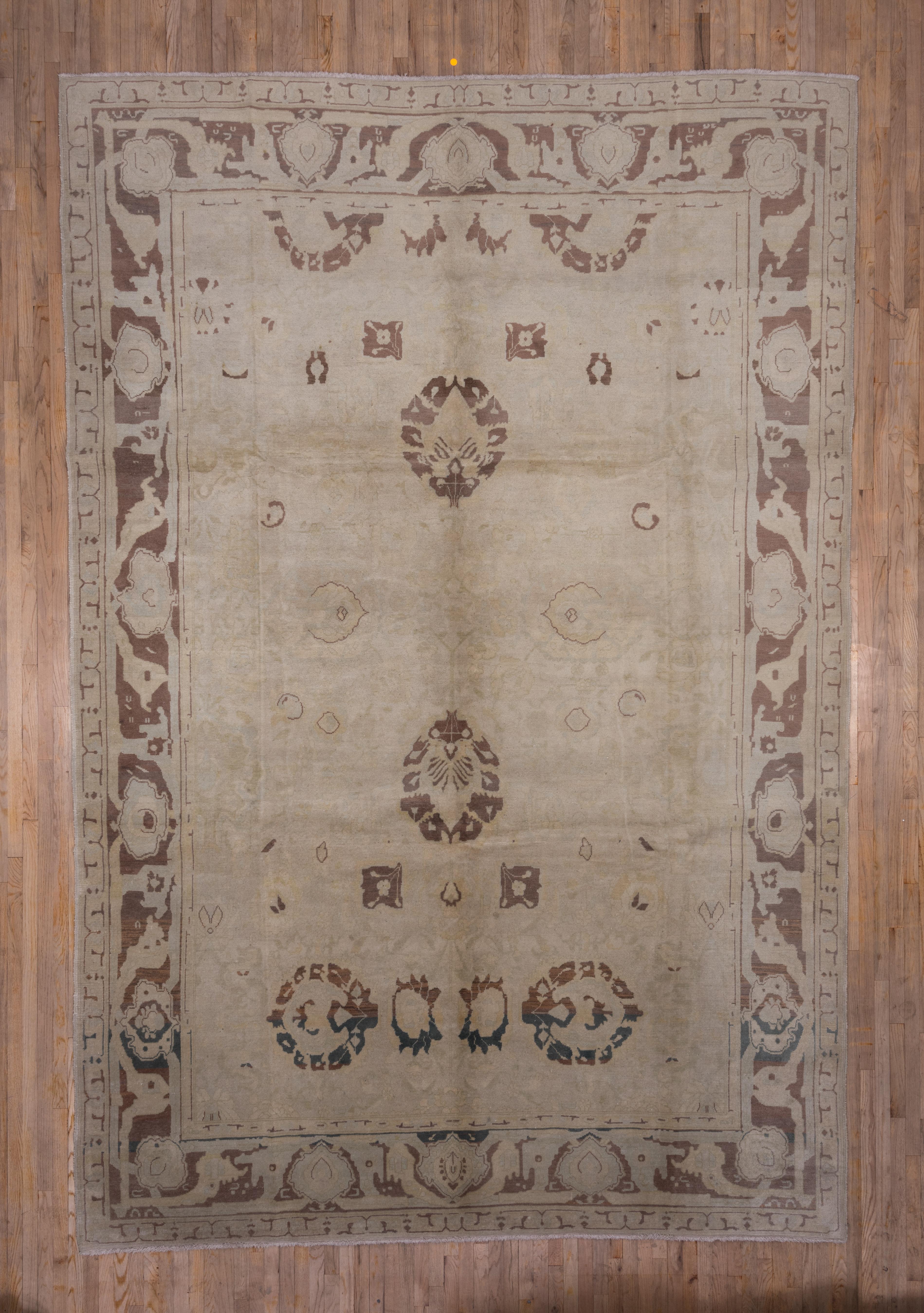 Unusual Antique Turkish Oushak Carpet, Neutral Palette, Green Accents For Sale 1