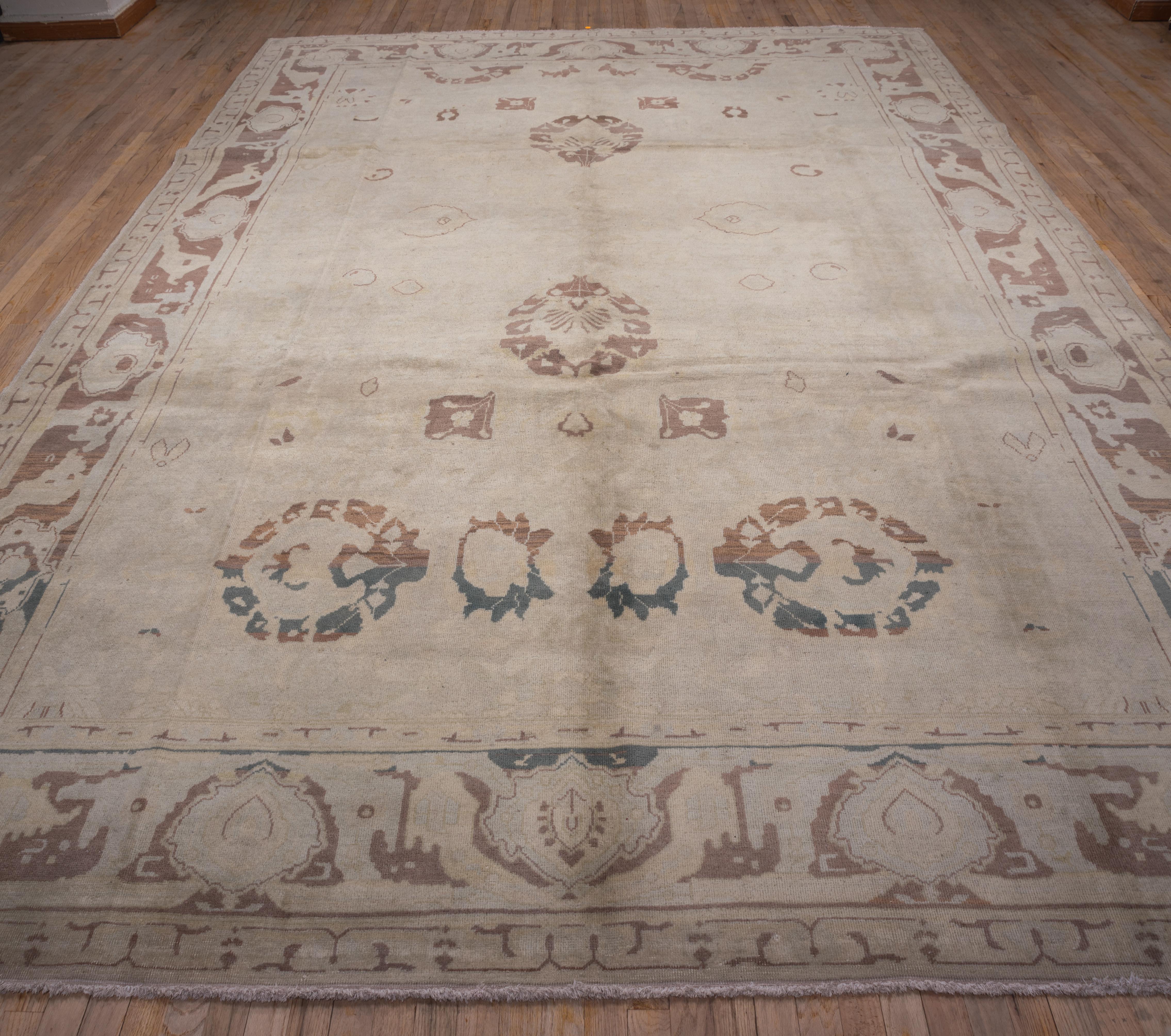 Unusual Antique Turkish Oushak Carpet, Neutral Palette, Green Accents For Sale 2