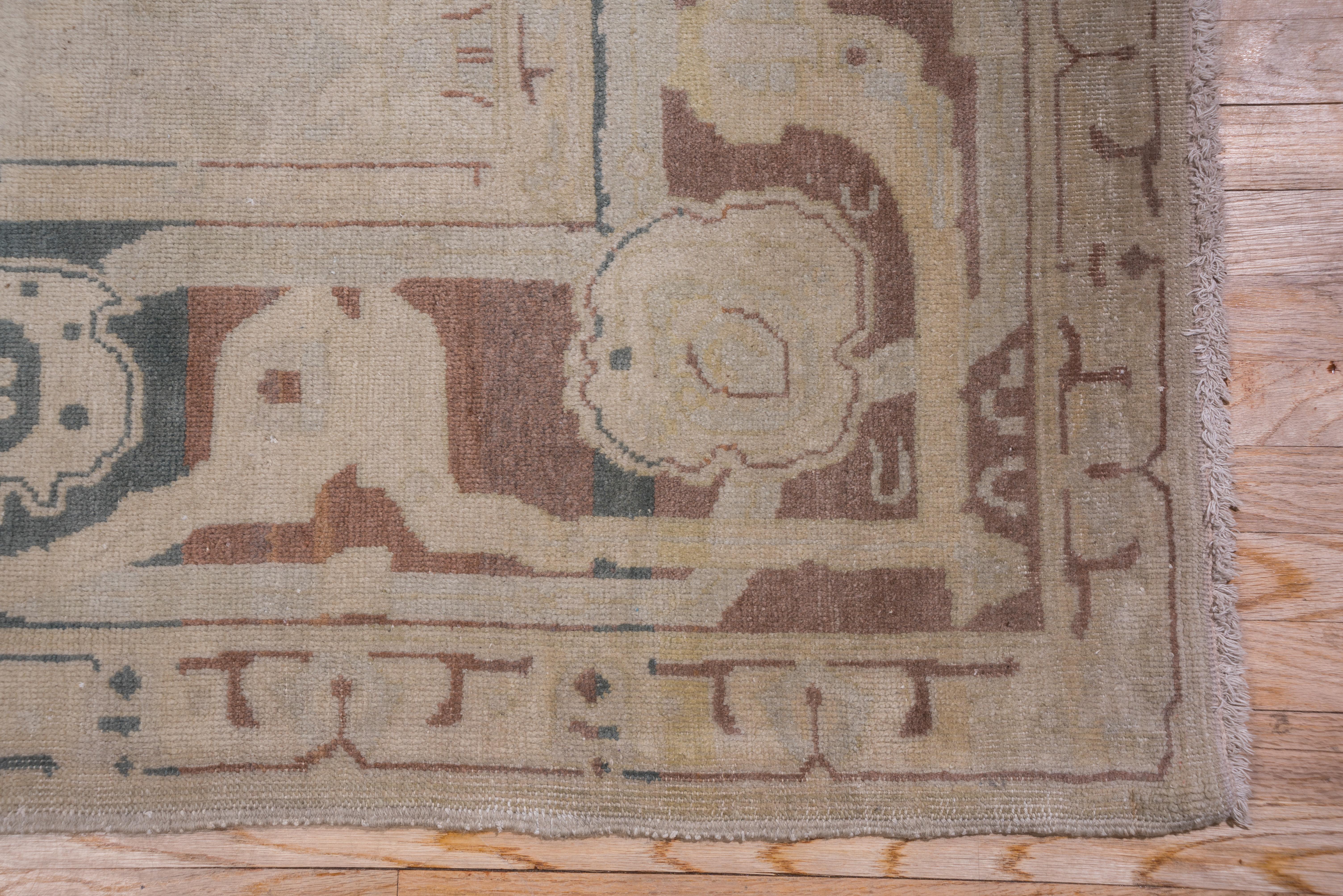 Unusual Antique Turkish Oushak Carpet, Neutral Palette, Green Accents For Sale 3