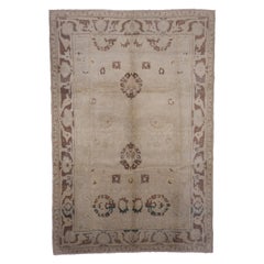 Unusual Antique Turkish Oushak Carpet, Neutral Palette, Green Accents